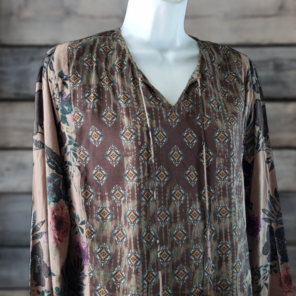 IOLANI Tolani Collection Womens Top Blouse Sz S Brown Blue Floral Long Sleeve V-Neck Tassels Size S / US 4 / IT 40 - 1 Thumbnail