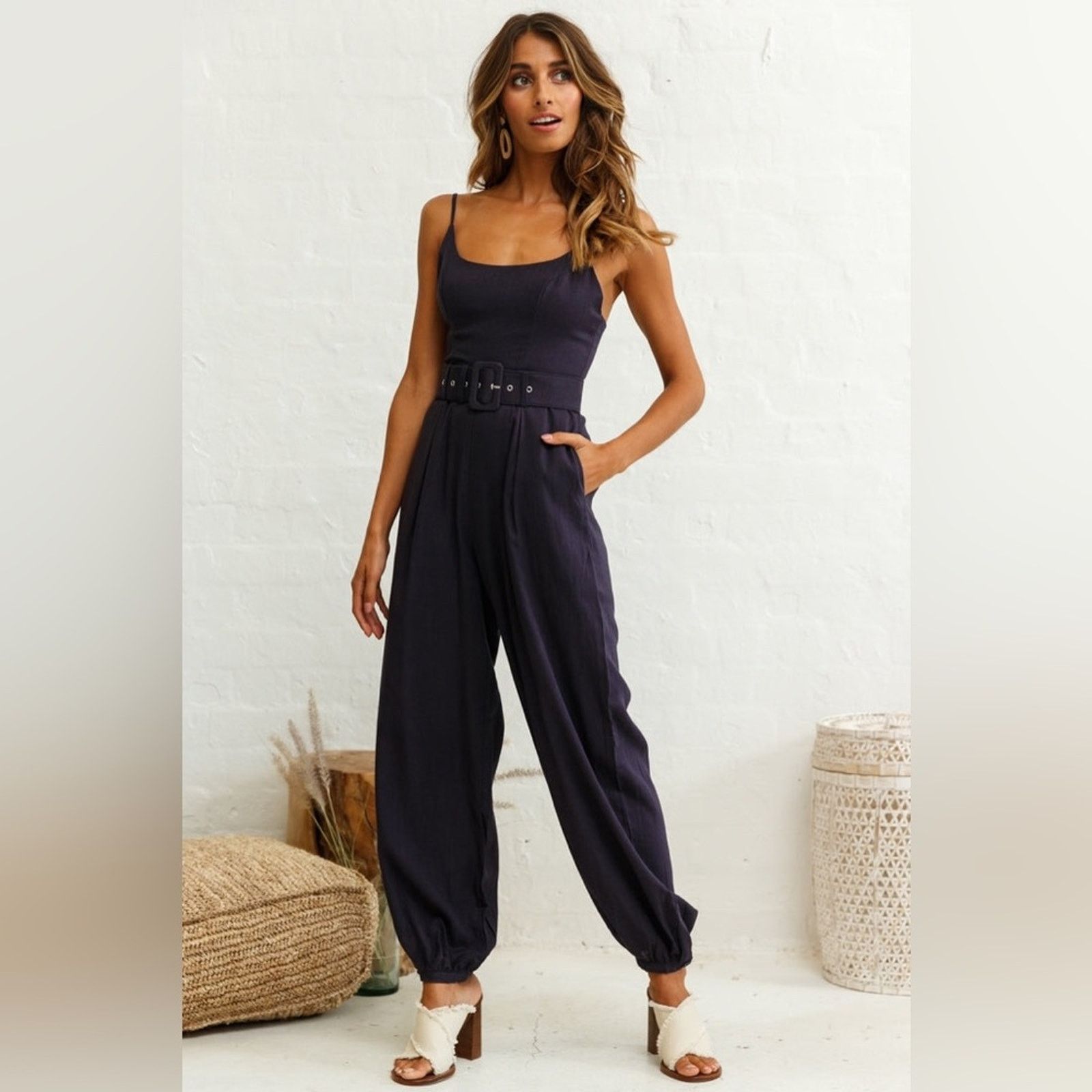 Other Here Comes The Sun CUFFED HEM BELTED JUMPSUIT NAVY XS Size 26" / US 2 / IT 38 - 1 Thumbnail