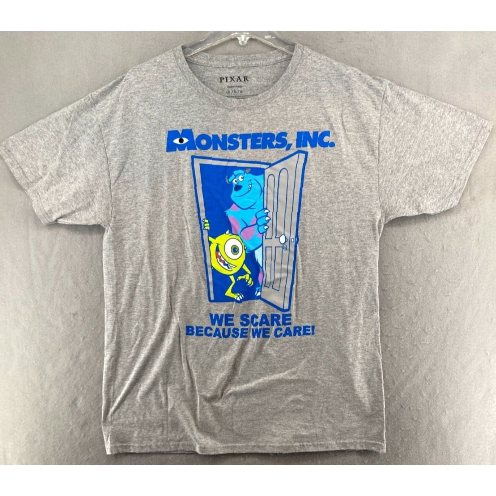 Vintage Disney Pixar Monsters Inc Mens TShirt L Gray We Scare Because We Care Shirt Mens Large Gray Cartoon Movie 90s Theme Boys Girls Mens Size US L / EU 52-54 / 3 - 2 Thumbnail