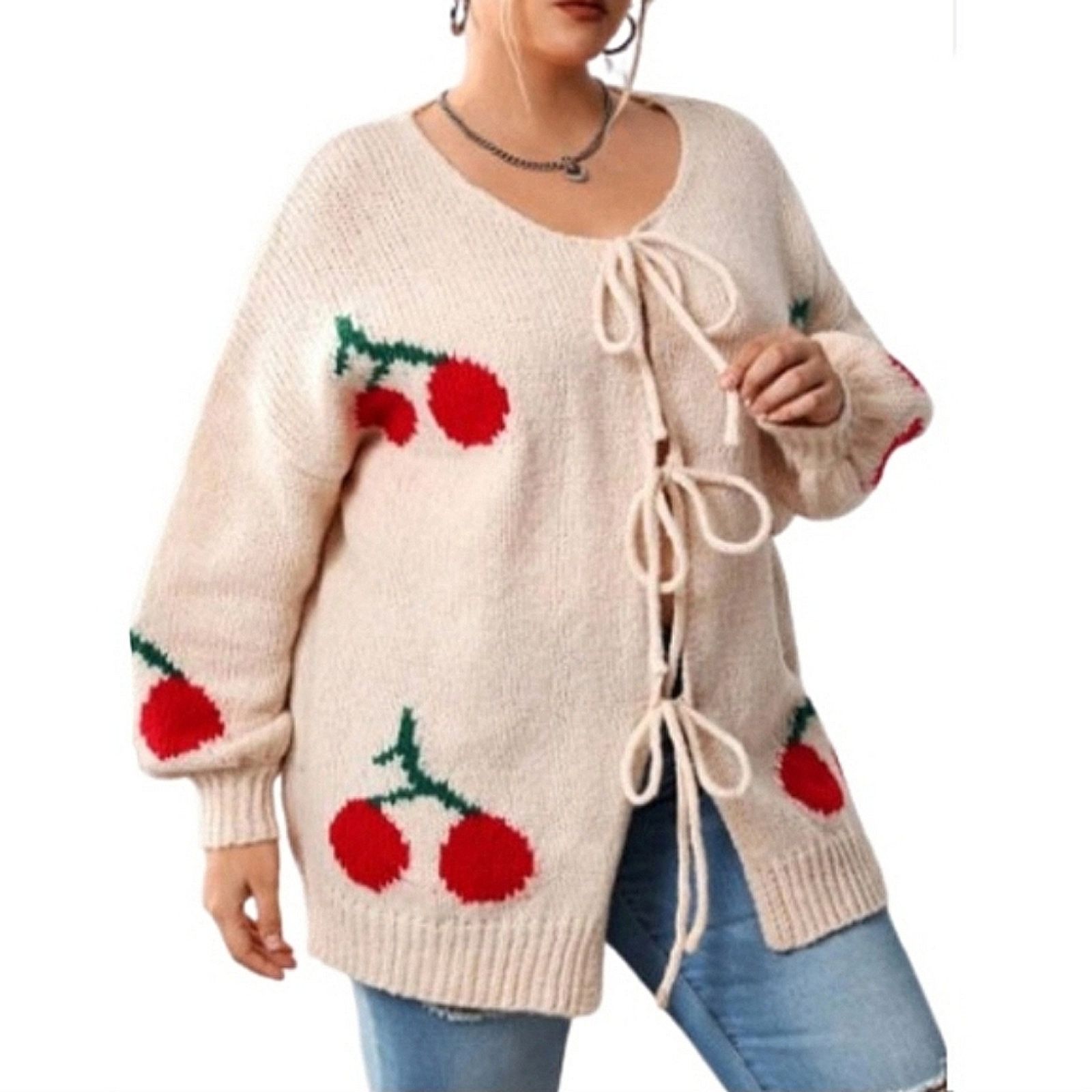 Shein JUICY CHERRIES ☆ TIE FRONT ☆ PEACHY CREAM CARDIGAN 22w ☆ NWT Size 3XL / US 20-22 - 2 Thumbnail
