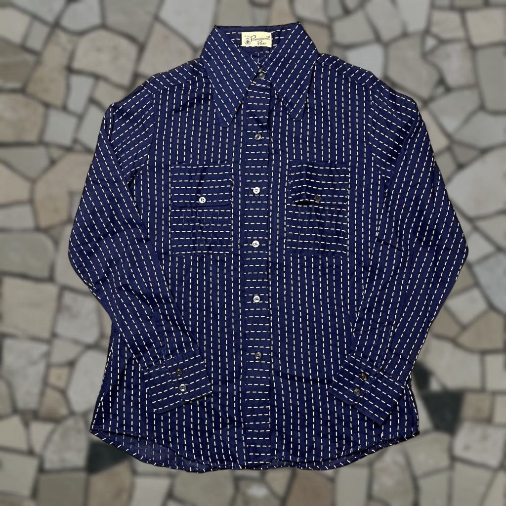 VINTAGE Permanent Press Stifel Wabash Button-Up Shirt 40 Blue Acrylic Blend Long Sleeve Mens M Button-Front Casual Art Deco Deadstock