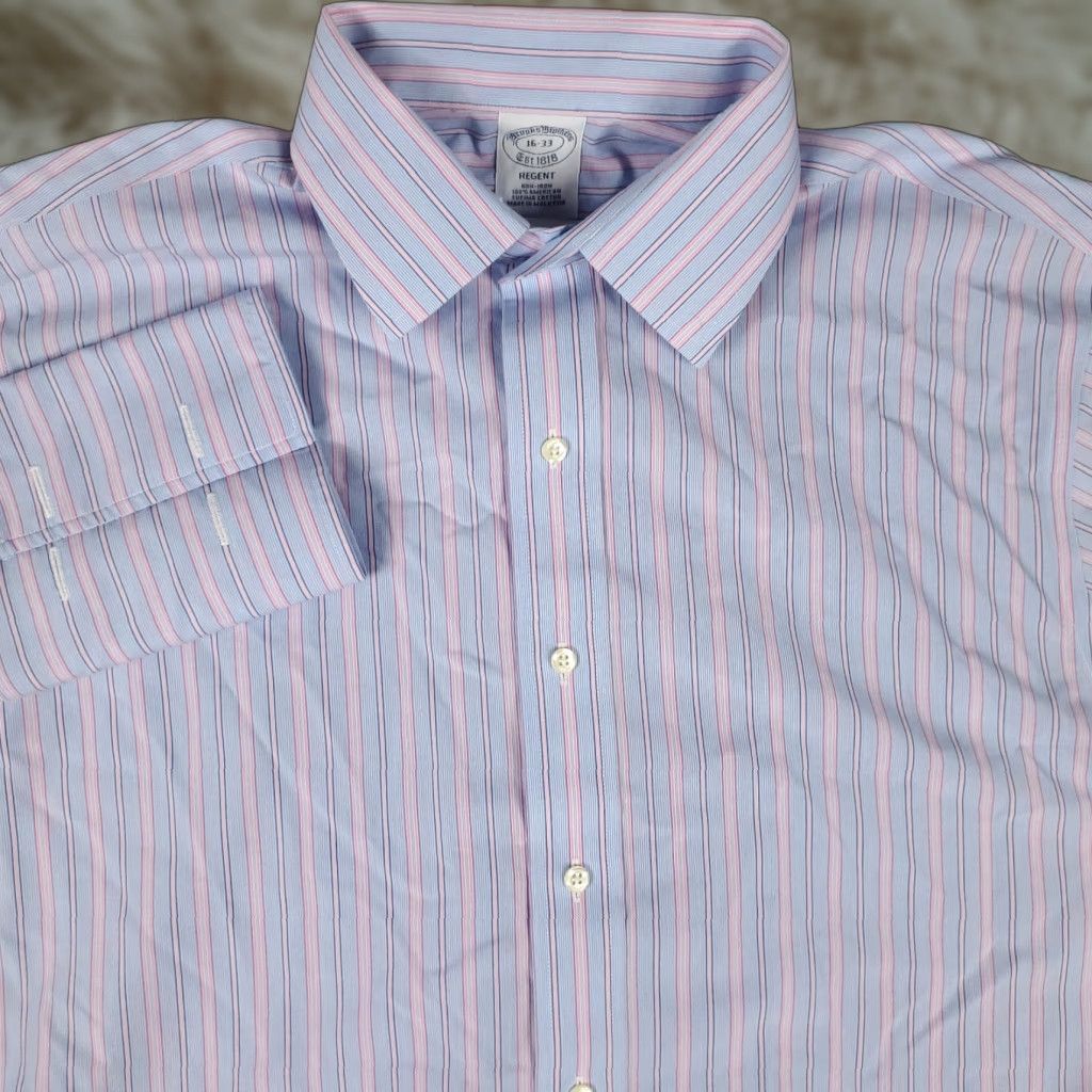 Brooks Brothers Brooks Brothers Dress Shirt Mens 16 Blue Pink Striped Long Sleeve French Cuff Slim Fit Size US L / EU 52-54 / 3 - 1 Thumbnail