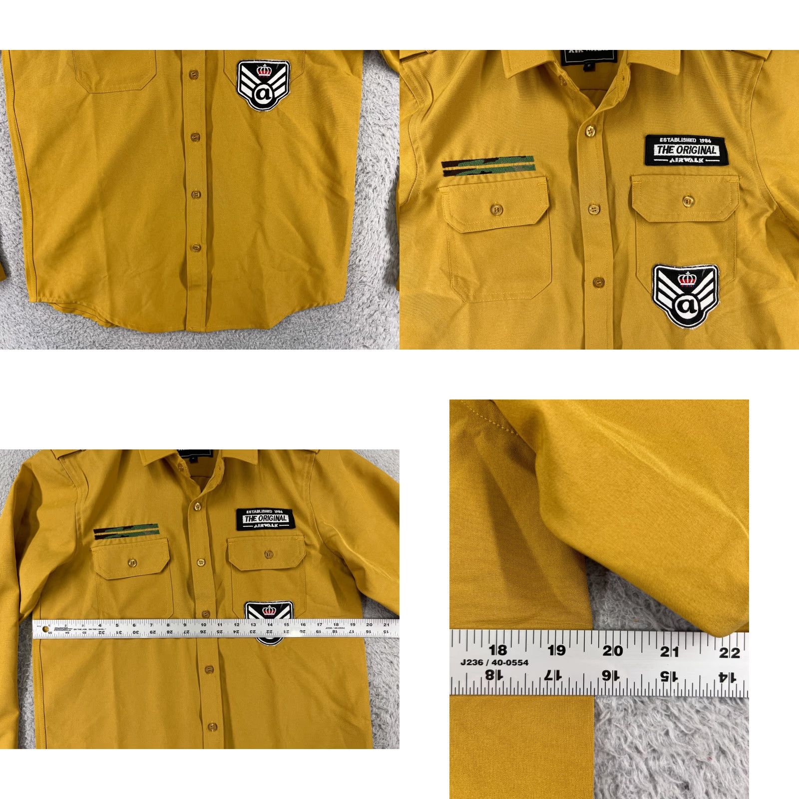 Airwalk AIRWALK Button-Up Shirt Army Yellow Adult Small Long Sleeve Patches Yellow Polyester Blend Solid Button Up Mens Regulated/All Seasons/NBR Size US S / EU 44-46 / 1 - 8 Thumbnail