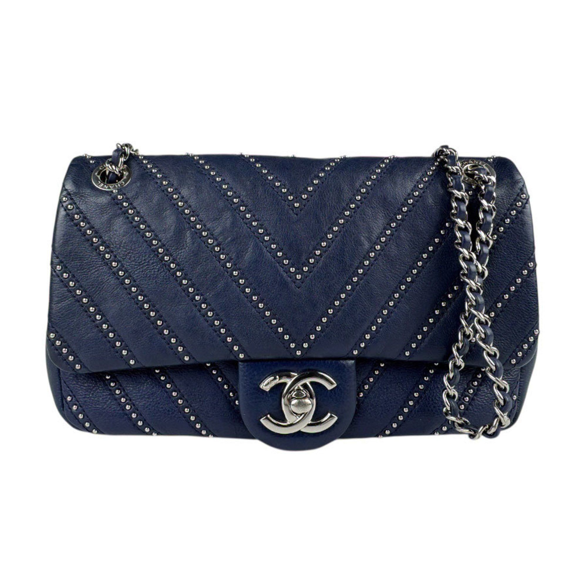 Chanel Shoulder Bag V-Stitch Leather Metal Navy Silver Women's Z5249 in Blue