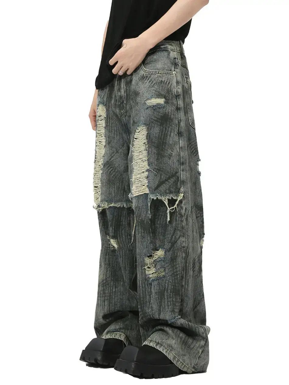Japanese Brand Retro loose straight leg patchwork ripped jeans Size US 33 - 3 Thumbnail