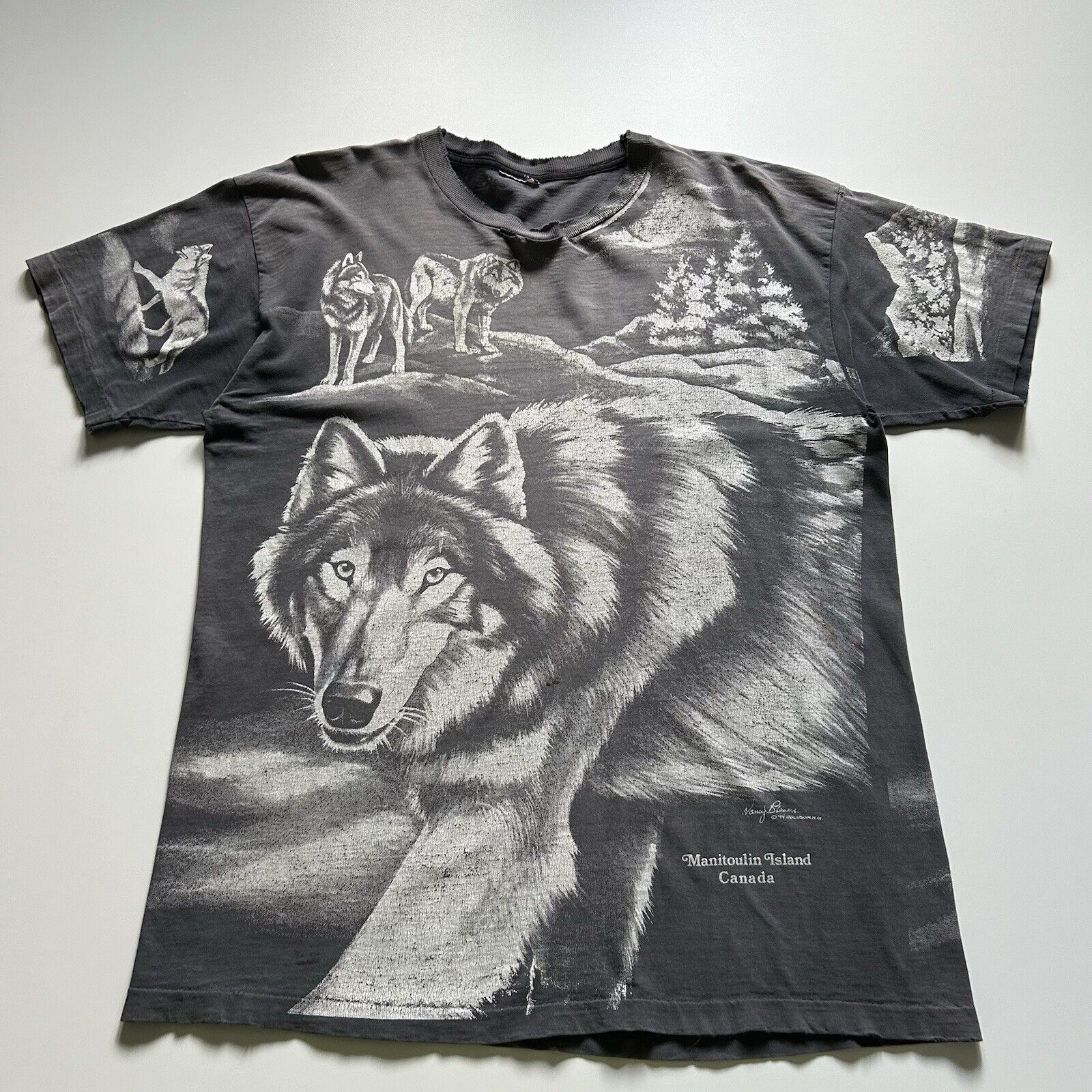 Vintage 90s Wolf AOP Animal Art T Shirt XL Faded Black Rare