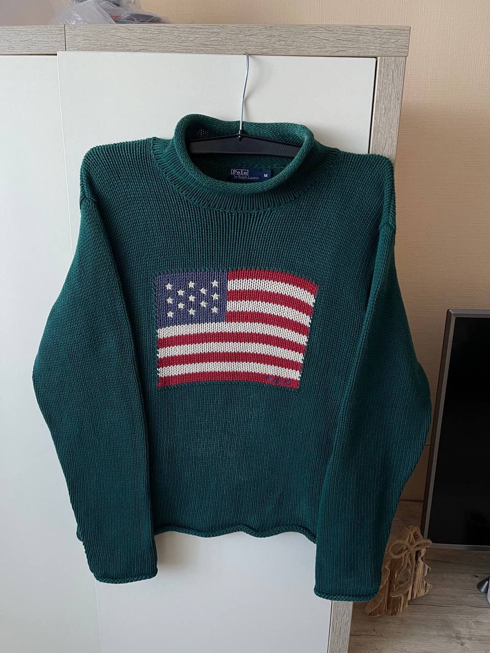 image of Vintage Polo Ralph Laurent American Flag Sweater in Green, Women's (Size Medium)