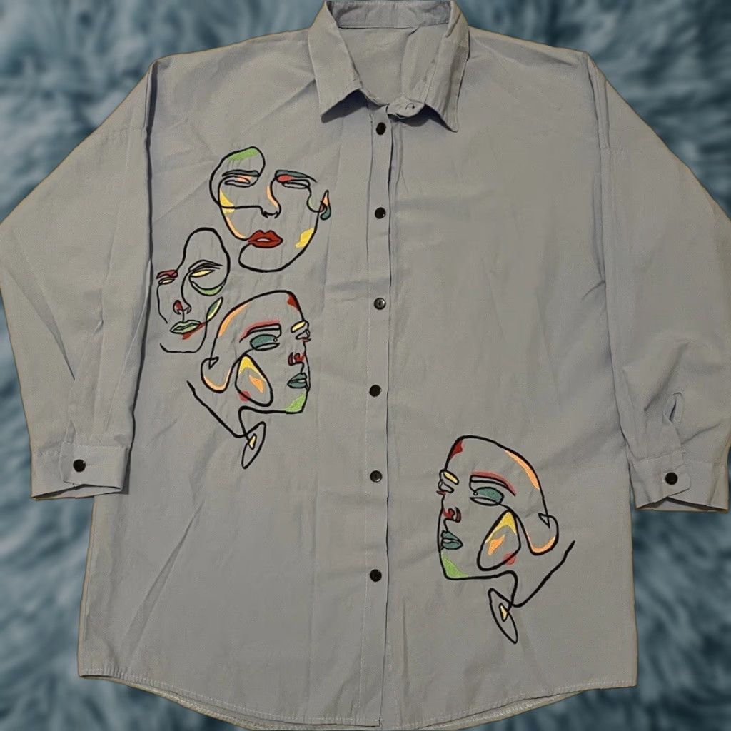 Vintage Vtg 90s Abstract Faces Button Up Shirt XL Blue Embroidered Graphic Tee Art Picasso Painting Grunge 80s Women Size XL / US 12-14 / IT 48-50 - 1 Thumbnail
