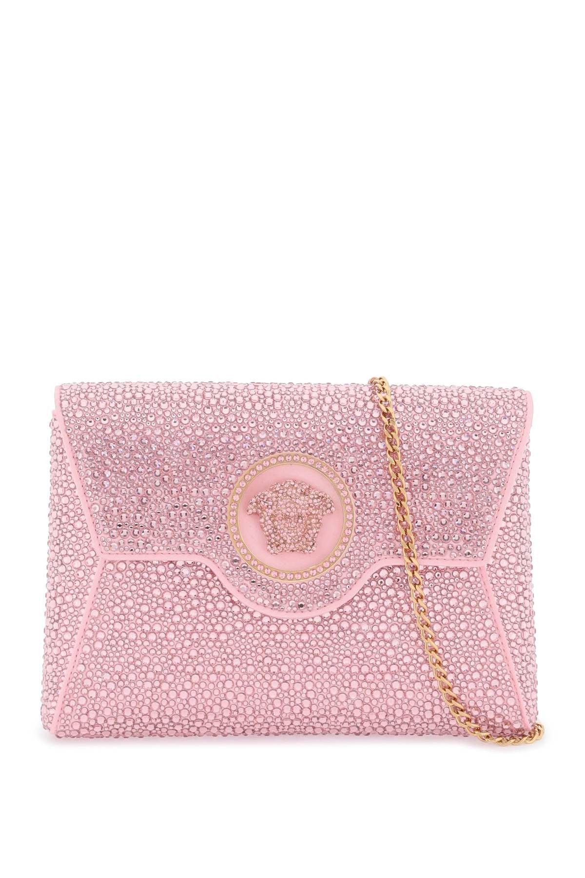image of Versace La Medusa Envelope Clutch With Crystals in Pale Pink Versace Gold, Women's