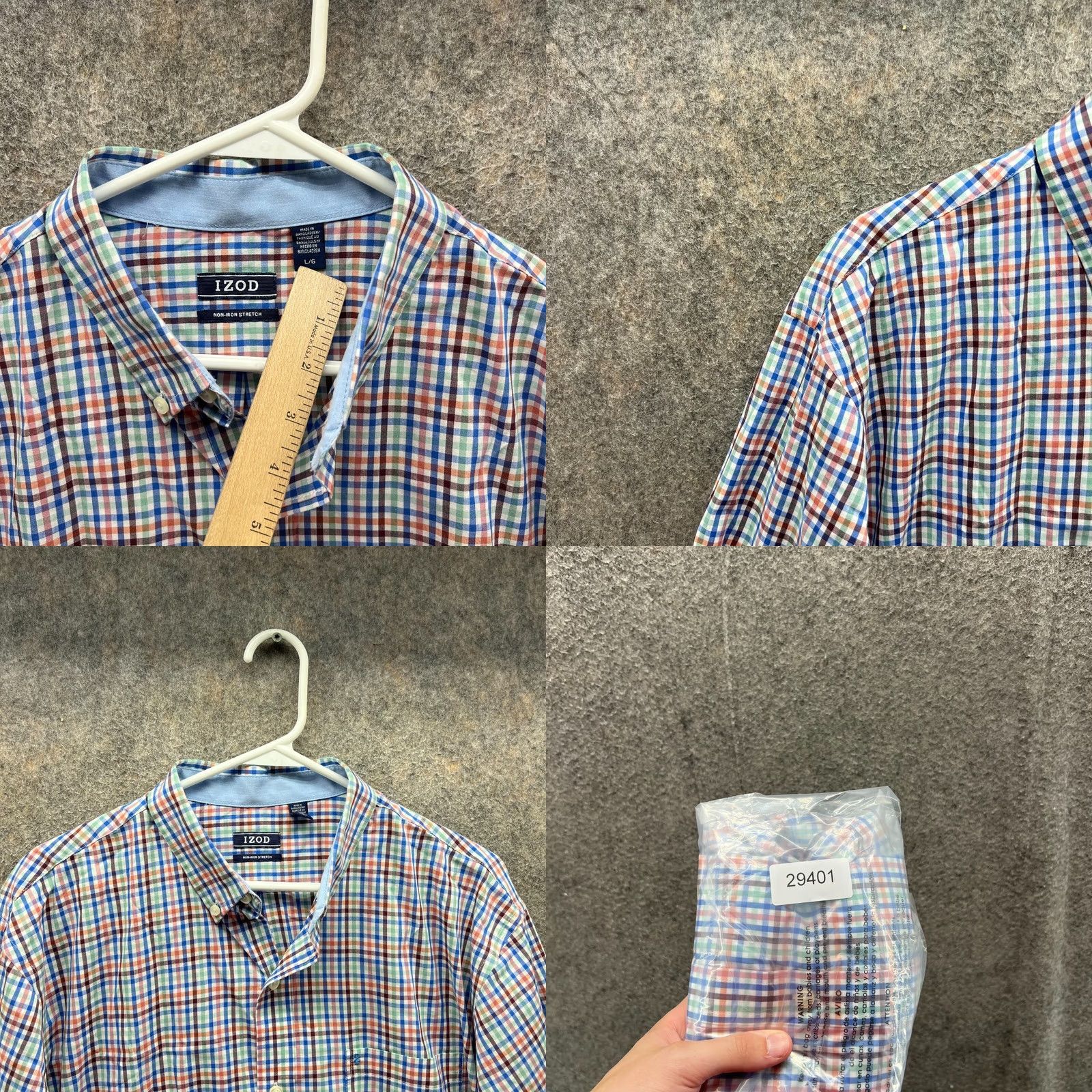 Izod VINTAGE Izod Shirt Men Large Blue Button-Down Non Iron Stretch Gingham Plaid Dress Shirt Size 42R - 8 Thumbnail