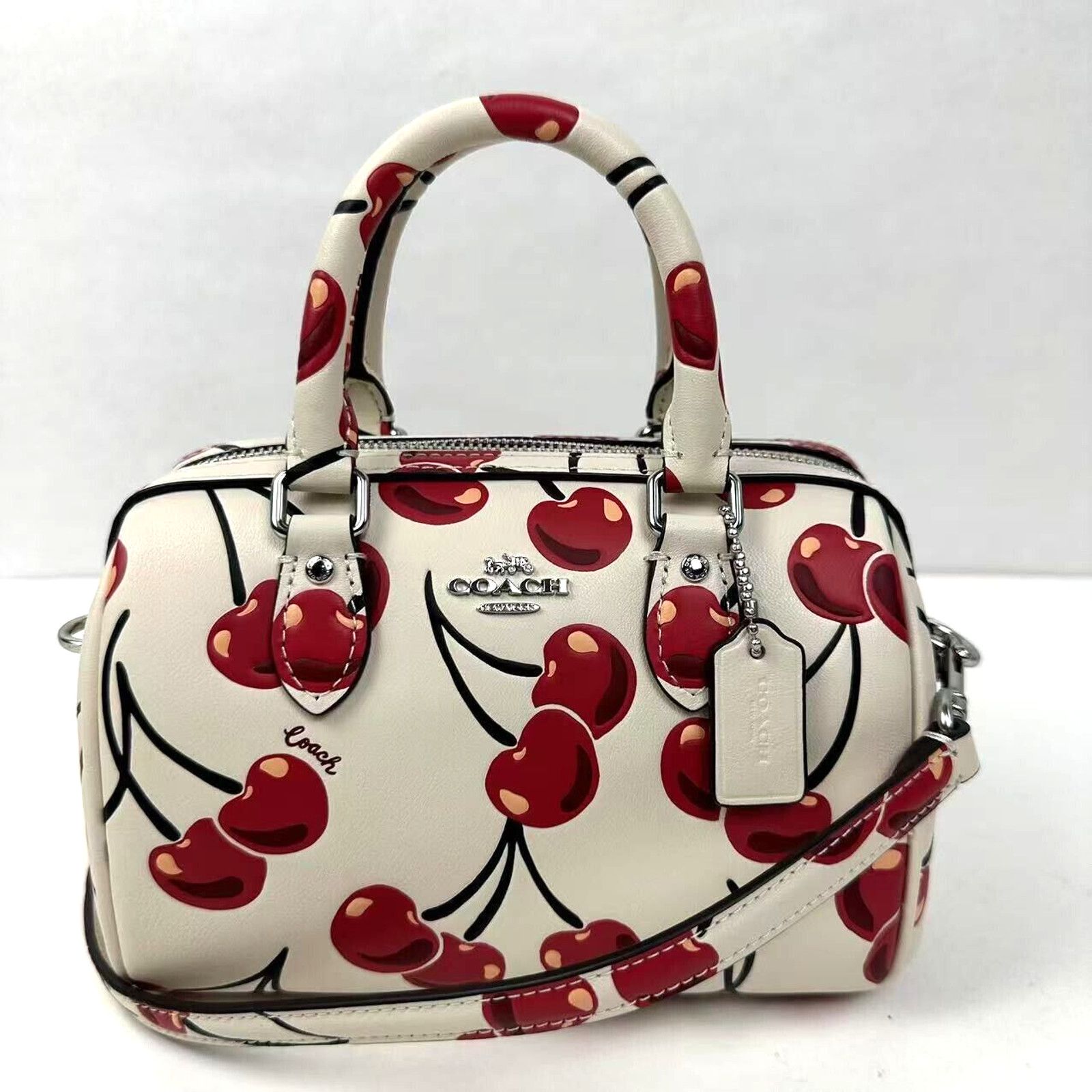 Coach Mini Rowan Crossbody Bag Cherry Print Leather NWT in White, Women's