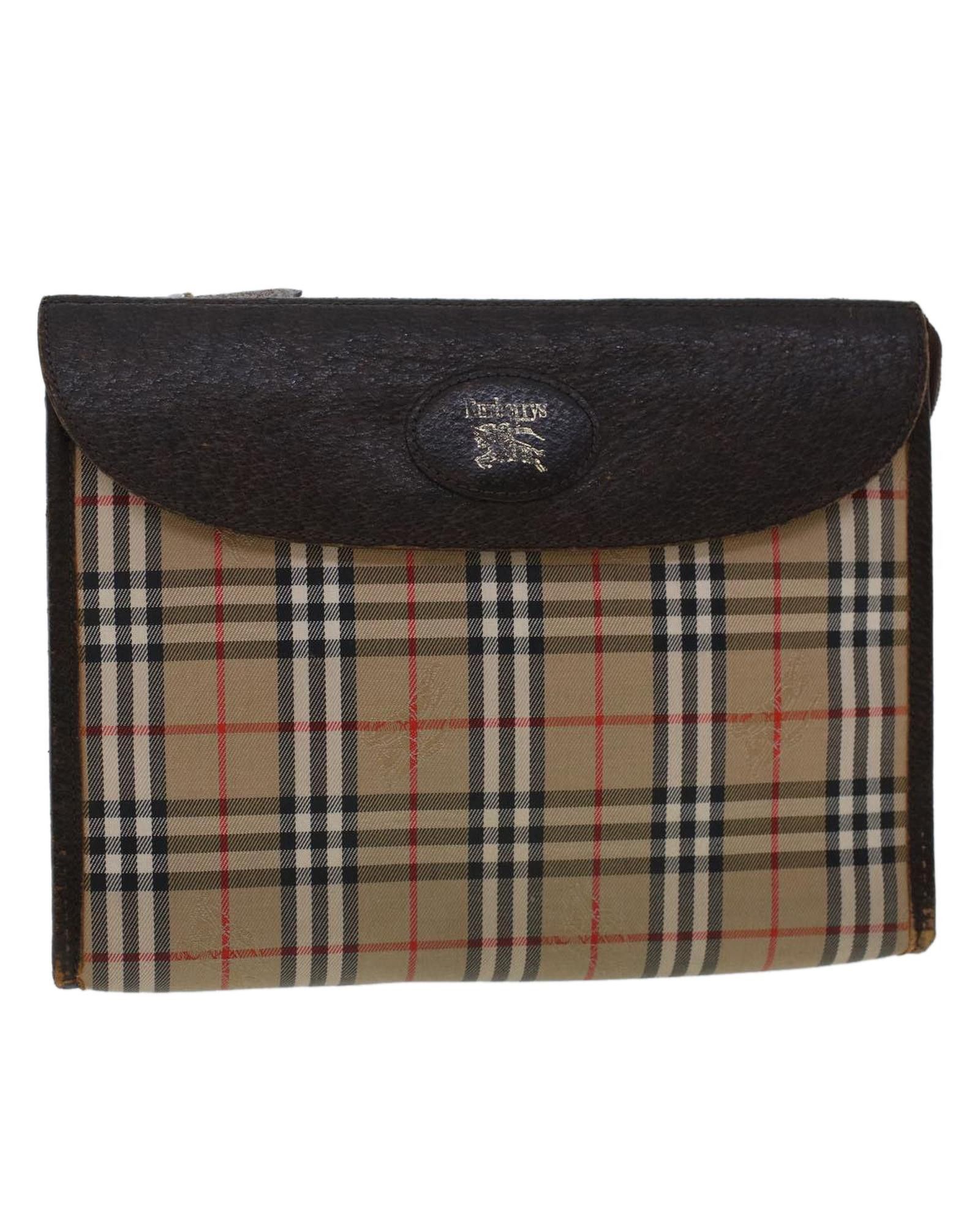 image of Beige Nylon Leather Clutch Bag - Authentic Burberrys, Women's