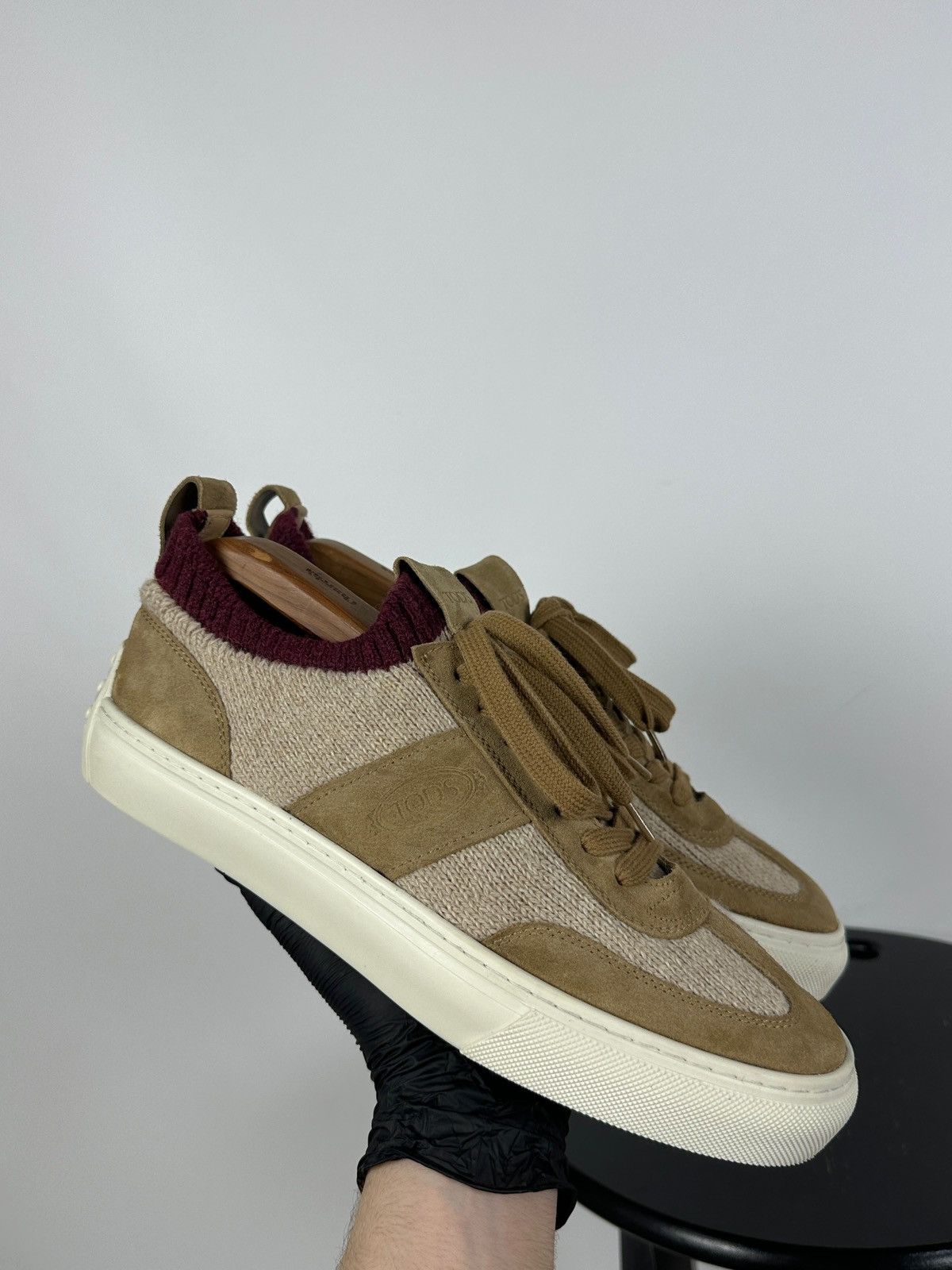 Tod's Tod’s Knit Suede Beige/Burgundy Low Top Lace Up Sneakers Size US 9 / EU 42 - 1 Thumbnail