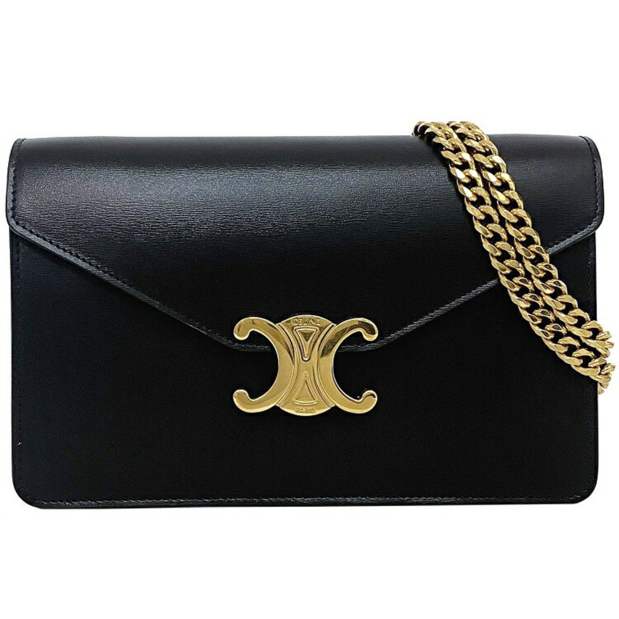 image of Celine Chain Wallet Margo Black Triomphe 10L033 Shoulder Bag Flap Leather Celine Shiny Calfskin Clu