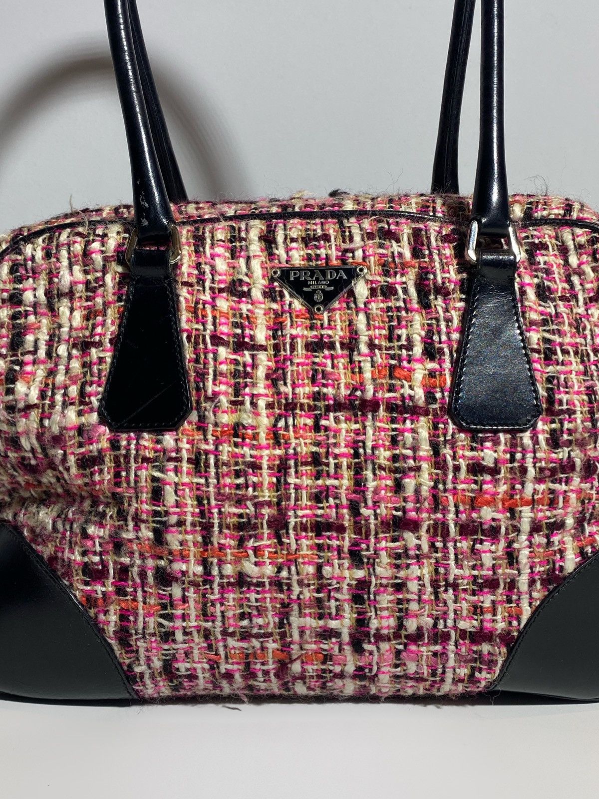 Prada Prada Boston Bag Triangle Logo Plate Tweed Size ONE SIZE - 3 Thumbnail