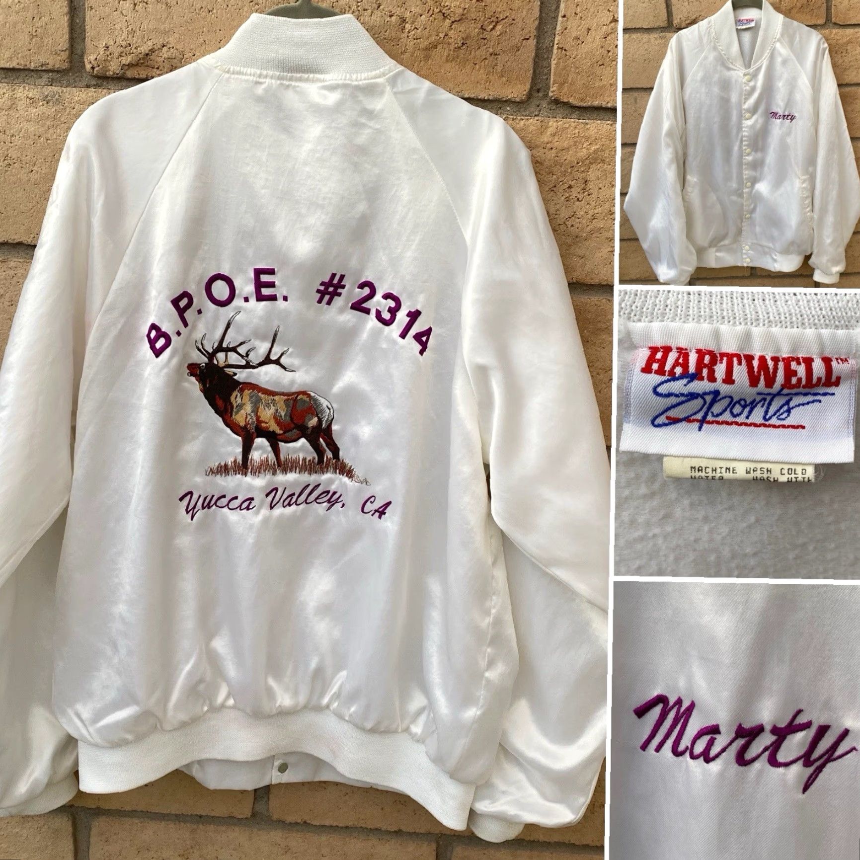 Vintage VINTAGE Hartwell Sports Jacket Elks Bomber Satin Satin Jacket White USA Large L Men Stand-Up Collar Embroidered Yucca Valley CA Elk Sports Vintage Size US L / EU 52-54 / 3 - 5 Thumbnail
