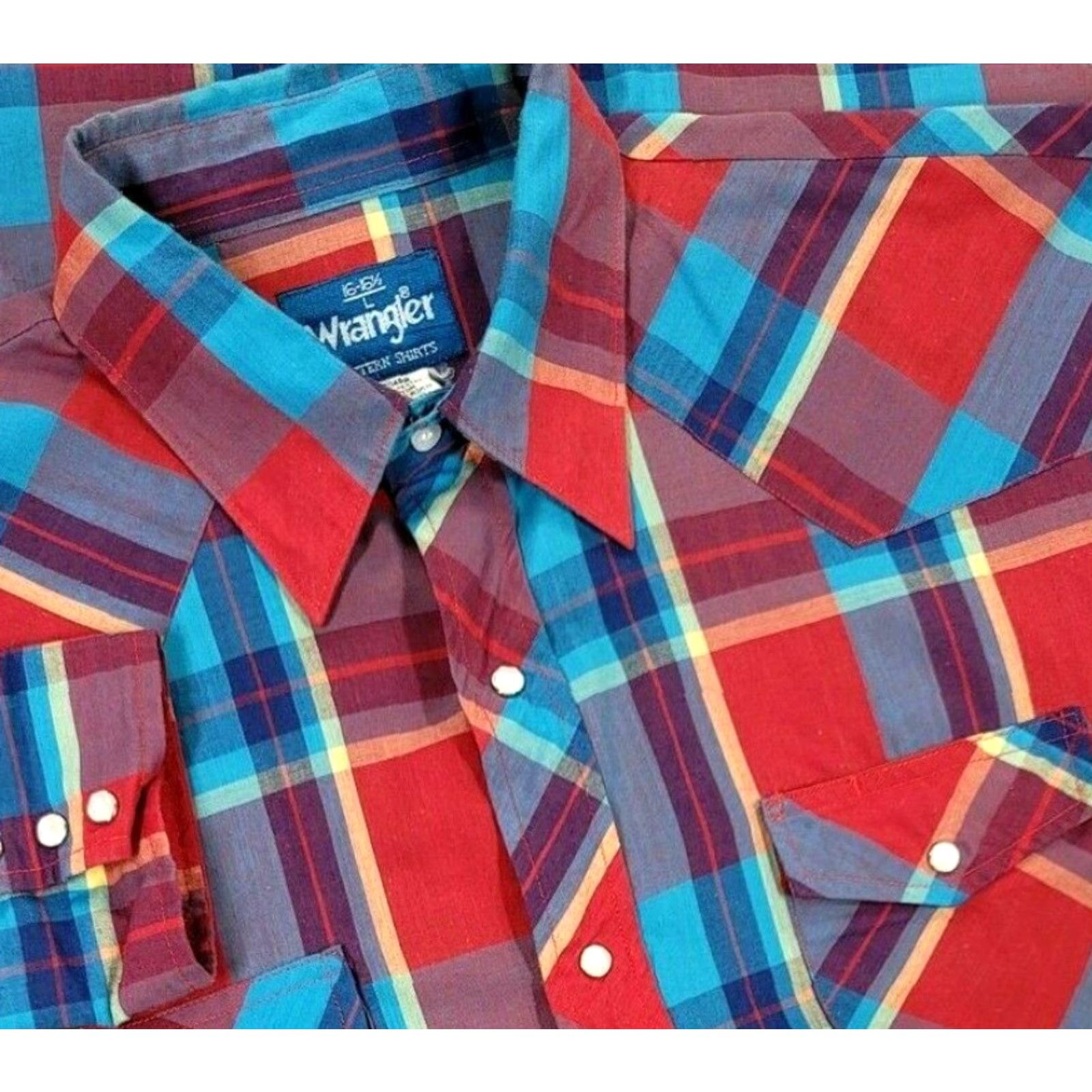 Wrangler Wrangler Button-Up Plaid Shirt Men 16-16.5 Multicolor Red Blue Green Pearl Snap Western Casual Workwear Long Sleeve Cotton Poly Blend Size US L / EU 52-54 / 3 - 2 Thumbnail