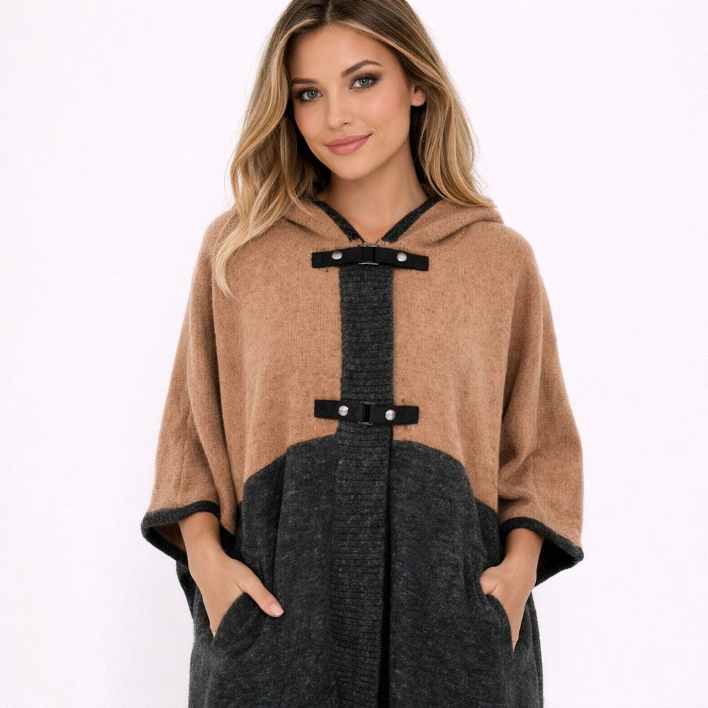 Max Mara Max Studio Tan/Gray Hooded Colorblock Wool Blend Poncho NWT Size S / US 4 / IT 40 - 1 Thumbnail