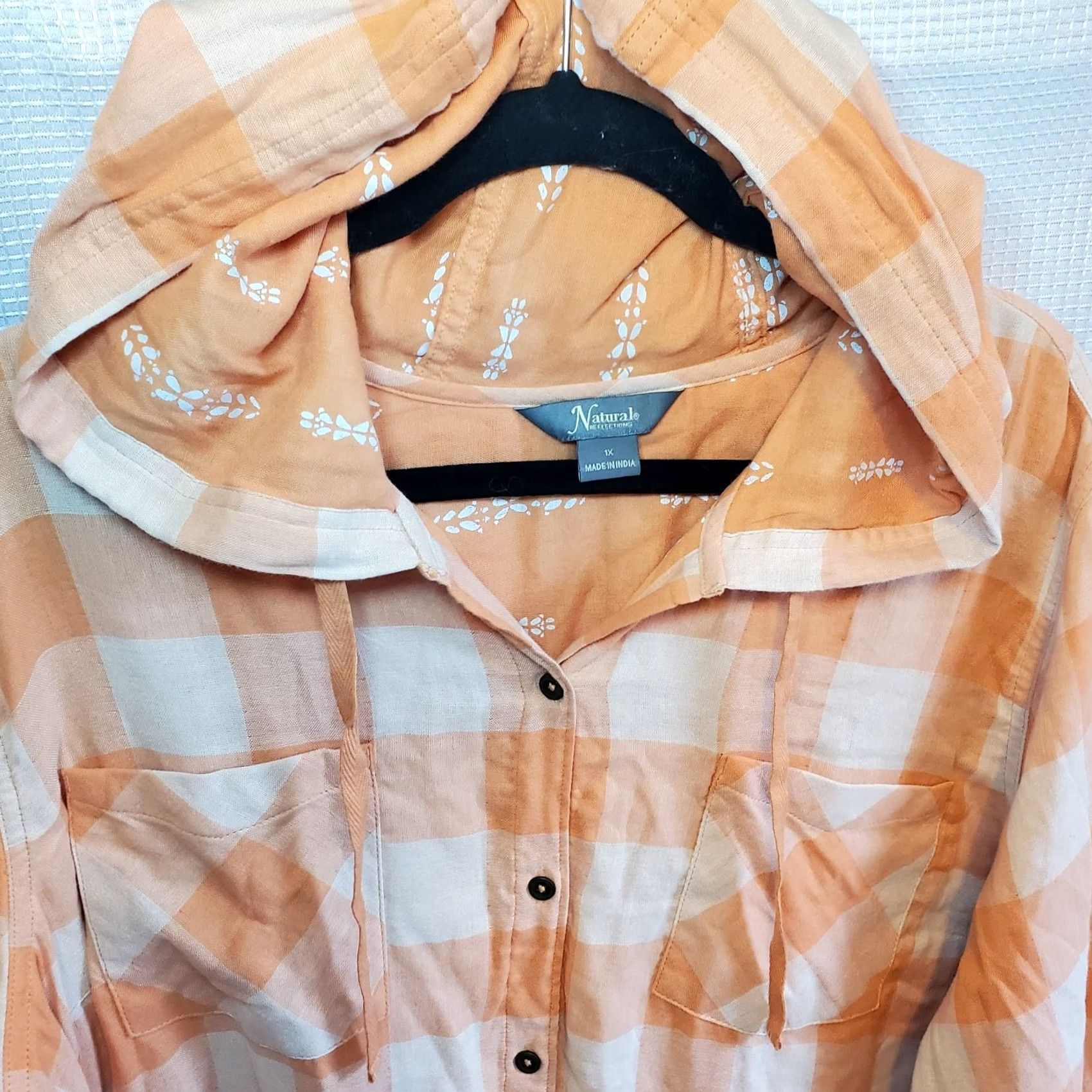 Vintage Natural Reflections Womens 1X Plaid Hooded Button Up Shirt Light Orange Size XL / US 12-14 / IT 48-50 - 6 Thumbnail