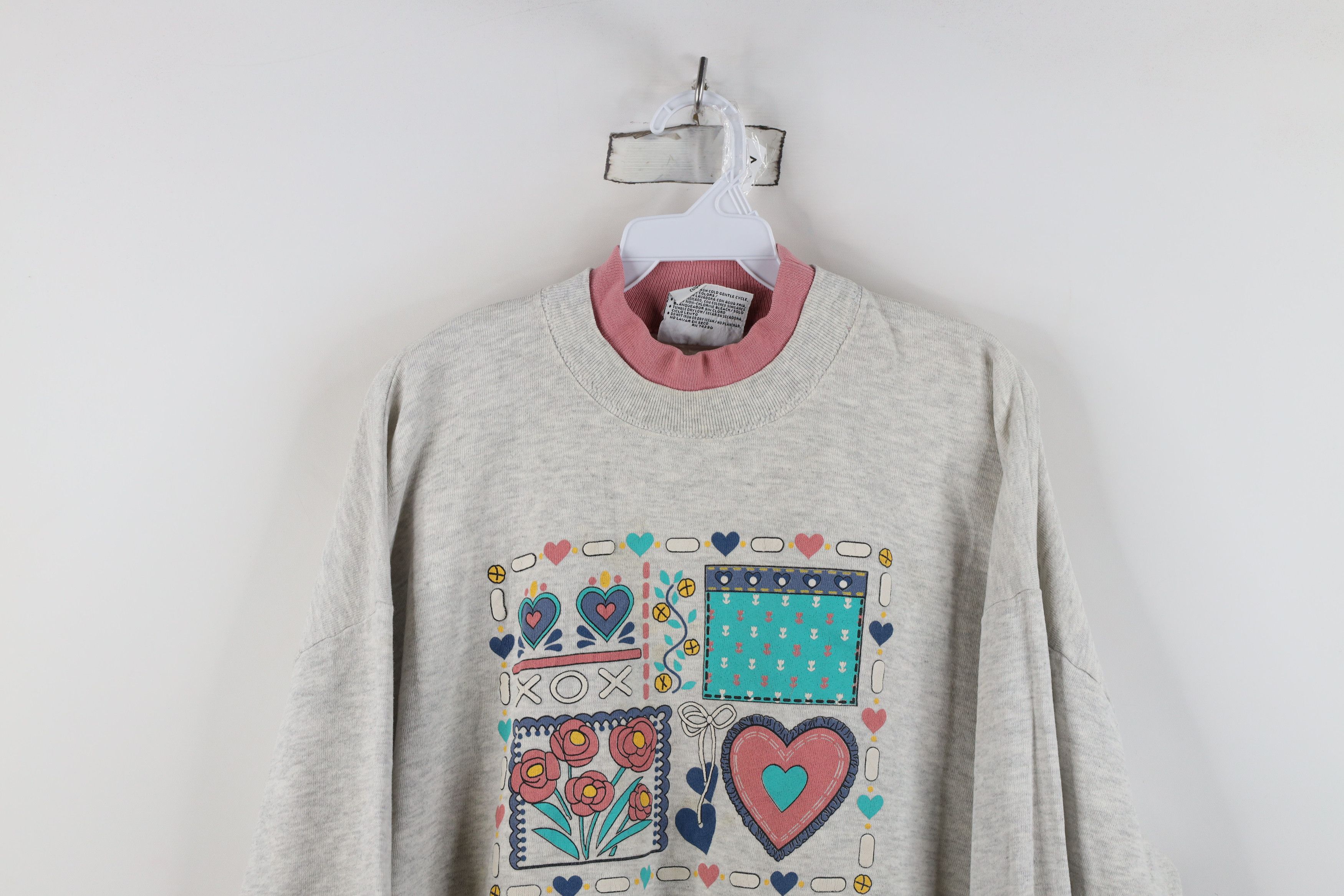 Vintage Vintage 90s Streetwear Heart Flower Sweatshirt Gray USA Size XL / US 12-14 / IT 48-50 - 2 Thumbnail