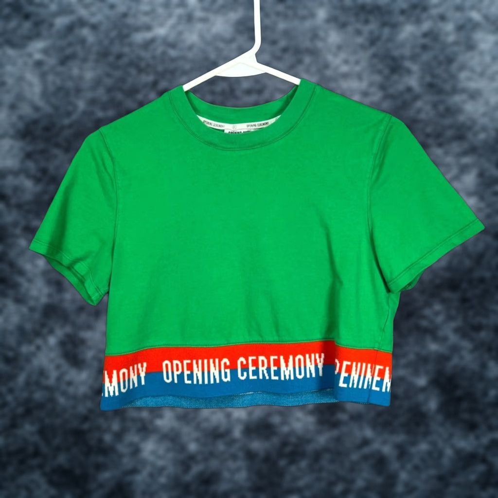 Opening Ceremony Opening Ceremony Womens XS Green Cropped T-Shirt With Logo Trim Cotton Blend Size XS / US 0-2 / IT 36-38 - 1 Thumbnail