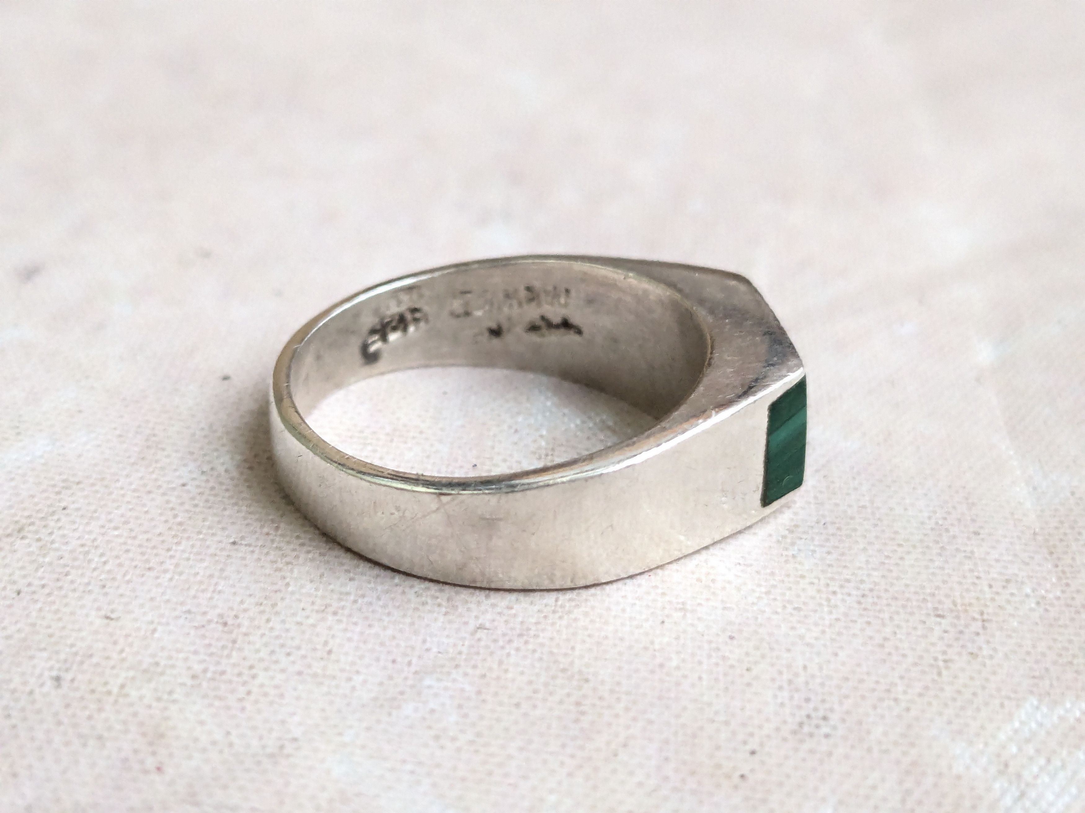 Sterling Silver Vintage Sterling Silver Ring Green Malachite 12 Taxco Size ONE SIZE - 3 Thumbnail