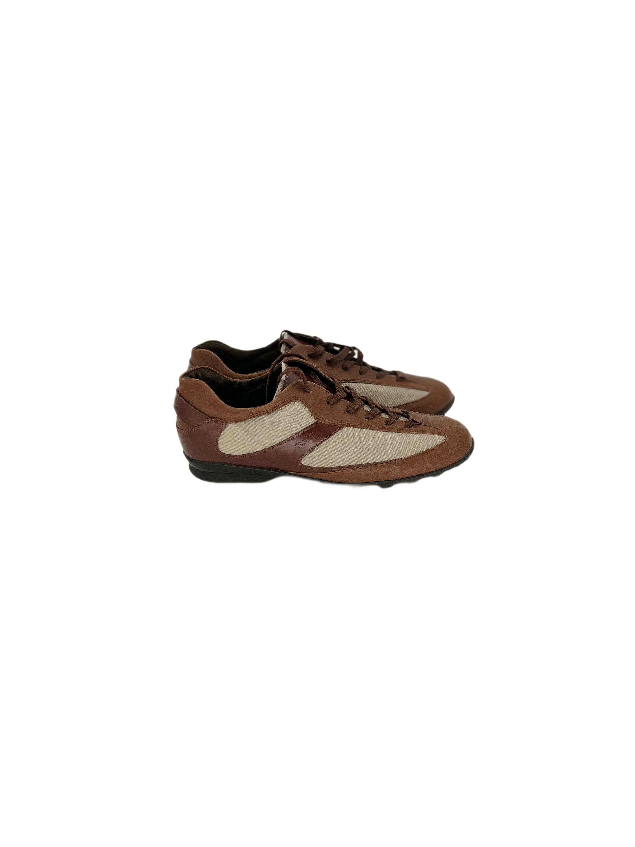 Tod's TODS Brown Leather With Canvas Detail Runner Trainers Size US 6.5 / EU 39-40 - 2 Thumbnail