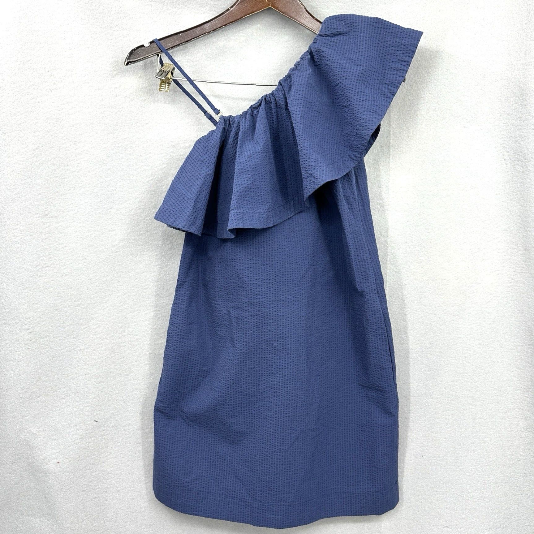 Vintage Cuyana One Shoulder Dress XS Blue Mini Seersucker Women Sleeveless Size XS / US 0-2 / IT 36-38 - 2 Thumbnail