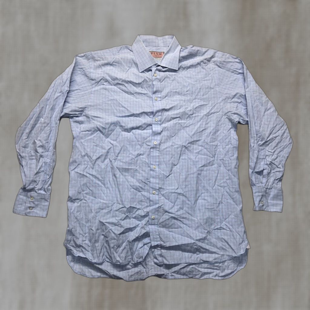 Vintage VINTAGE? No. Thomas Pink Shirt Blue Checkered Button Up Long Sleeve Adult Men 17 35 Blue Check Dress Shirt 100% Cotton 17 in Mens Size US XL / EU 56 / 4 - 1 Thumbnail