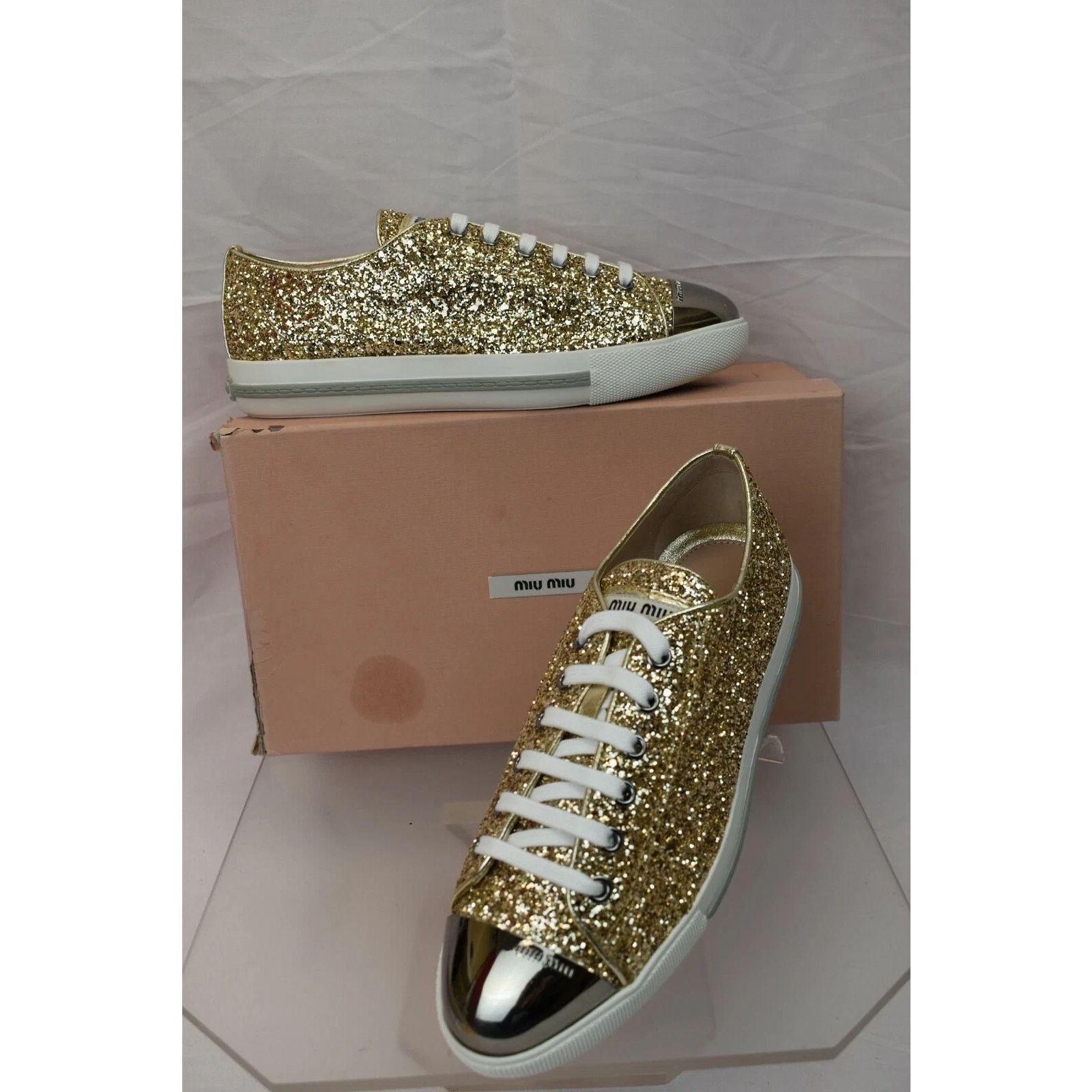 Miu Miu MIU MIU PRADA 5E8998 GOLD GLITTER METAL LOGO SNEAKERS 40.5 Size US 10.5 / IT 40.5 - 3 Thumbnail