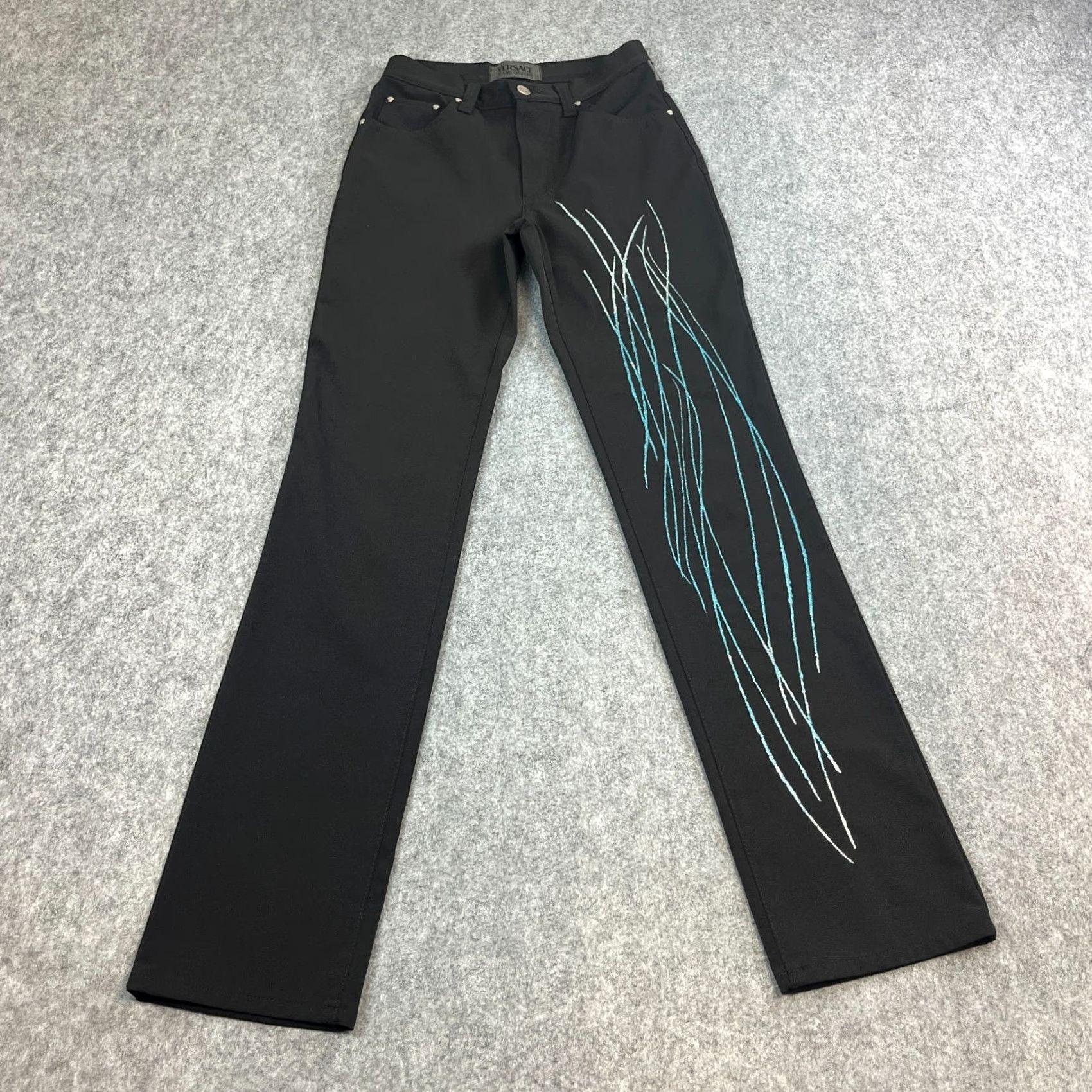 Versace VINTAGE Versace Black Straight Trousers 29 32 UK 10 Womens Pants Chino Flagship Logo Glitter Design Ballistic Elasticated? Size 29" - 2 Thumbnail