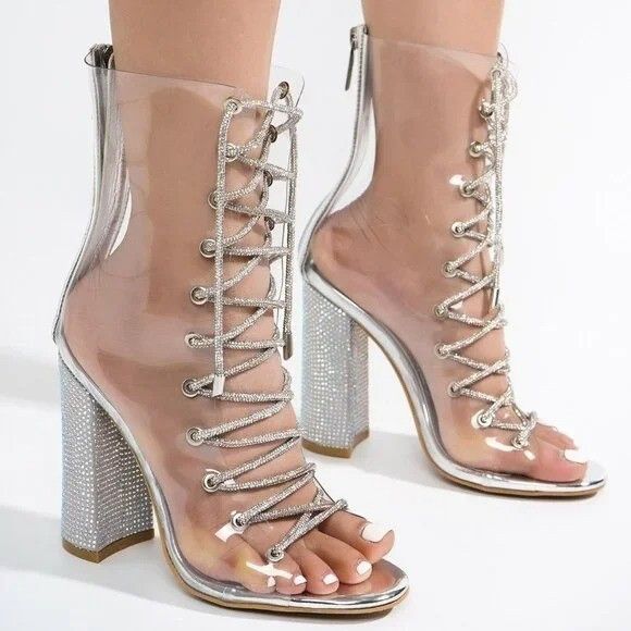 See Me Silver Rhinestone Laces Heels Clear Upper Open Toe An