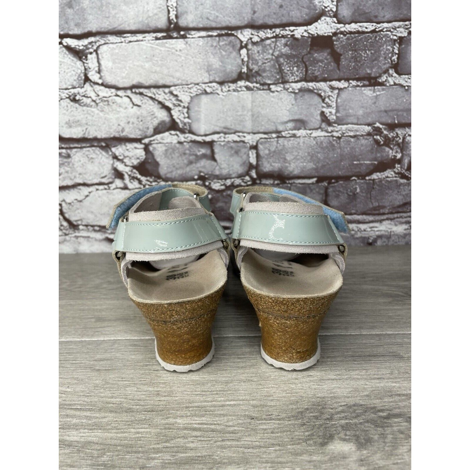 Birkenstock Papillio Grey Nubuck Suede Teal Patent Cork Wedg