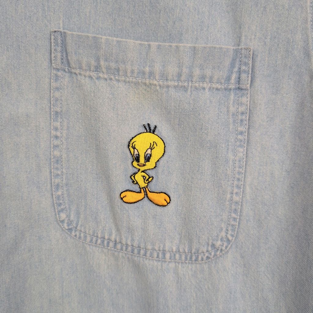 Warner Bros Y2k Looney Tunes Tweety Distressed Denim Shirt Size US L / EU 52-54 / 3 - 6 Thumbnail