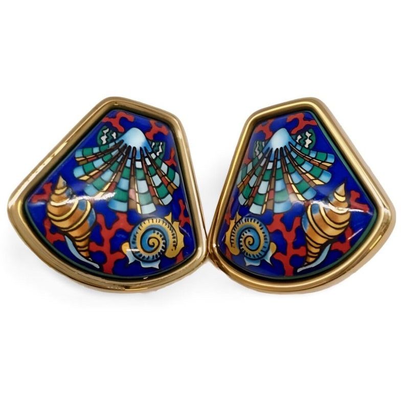 image of Hermes Vintage Cloisonne Enamel Golden Earrings With Blue Ocean, Colorful Shell, And Red Coral Desi