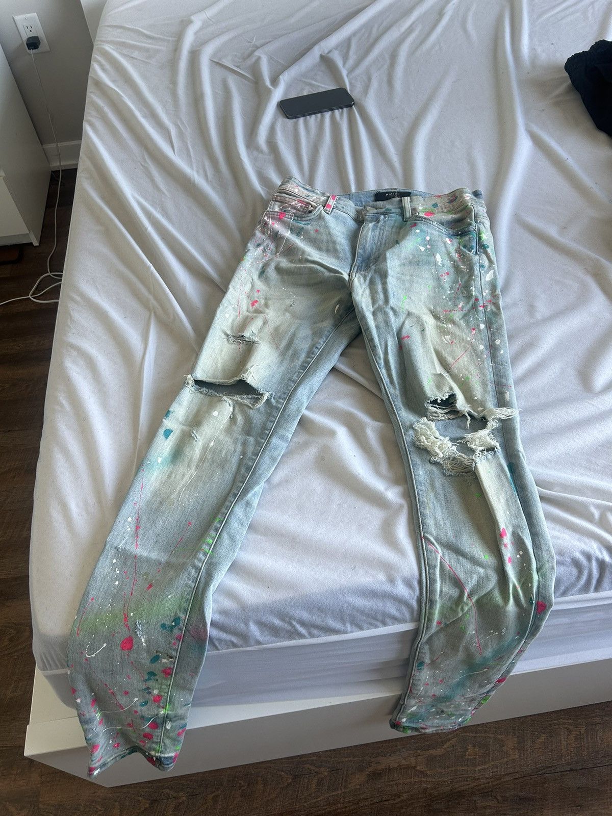 image of Amiri Paint Splatter Skinny Jeans in Denim, Men's (Size 30)