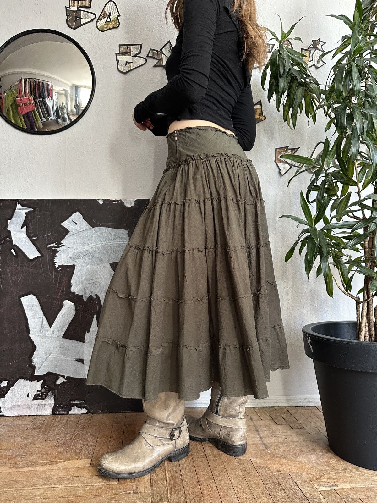 Seditionaries Vintage Boho Fairy Goblin Core Ruffle Khaki Skirt 00s Size 27" / US 4 / IT 40 - 5 Thumbnail