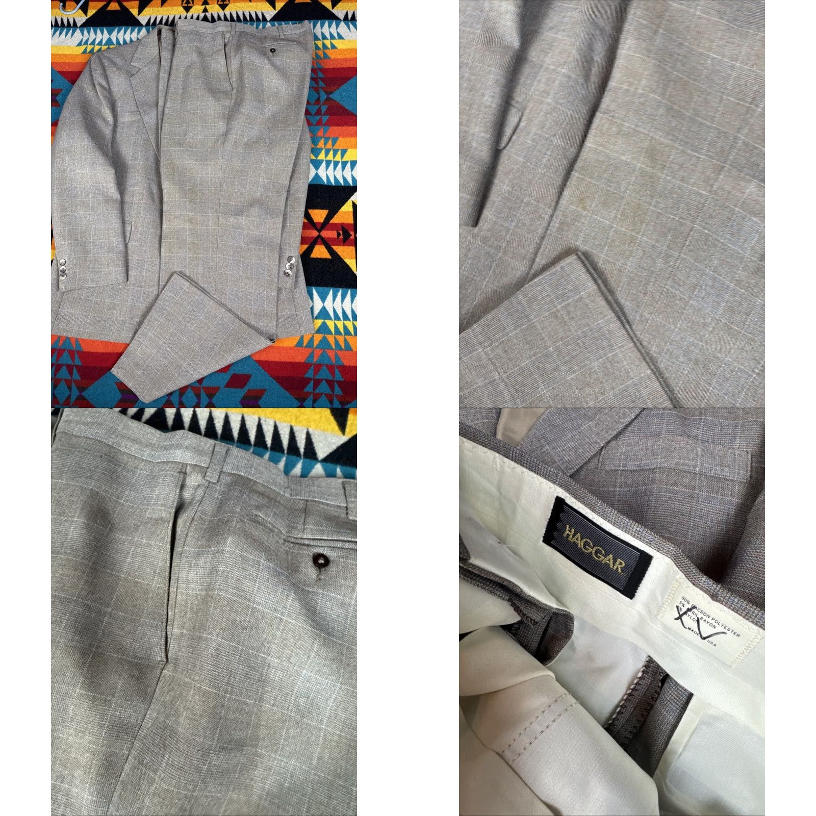 Haggar VINTAGE Haggar Suit Mens 42 2 Piece Blazer Pants 38x30 Brown Checkered Made In USA Gray Wool 90s London Wedding Mens Size 42R - 9 Thumbnail