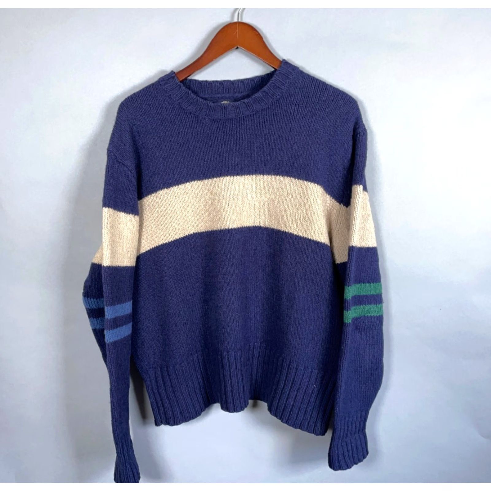 Dockers VINTAGE Dockers Sweater, Striped, Heavyweight, Wool Blend, Crew Neck, Long Sleeve, Pullover, Men’s Large, Blue Beige, Preppy Retro, Hand Wash Only Size US L / EU 52-54 / 3 - 2 Thumbnail