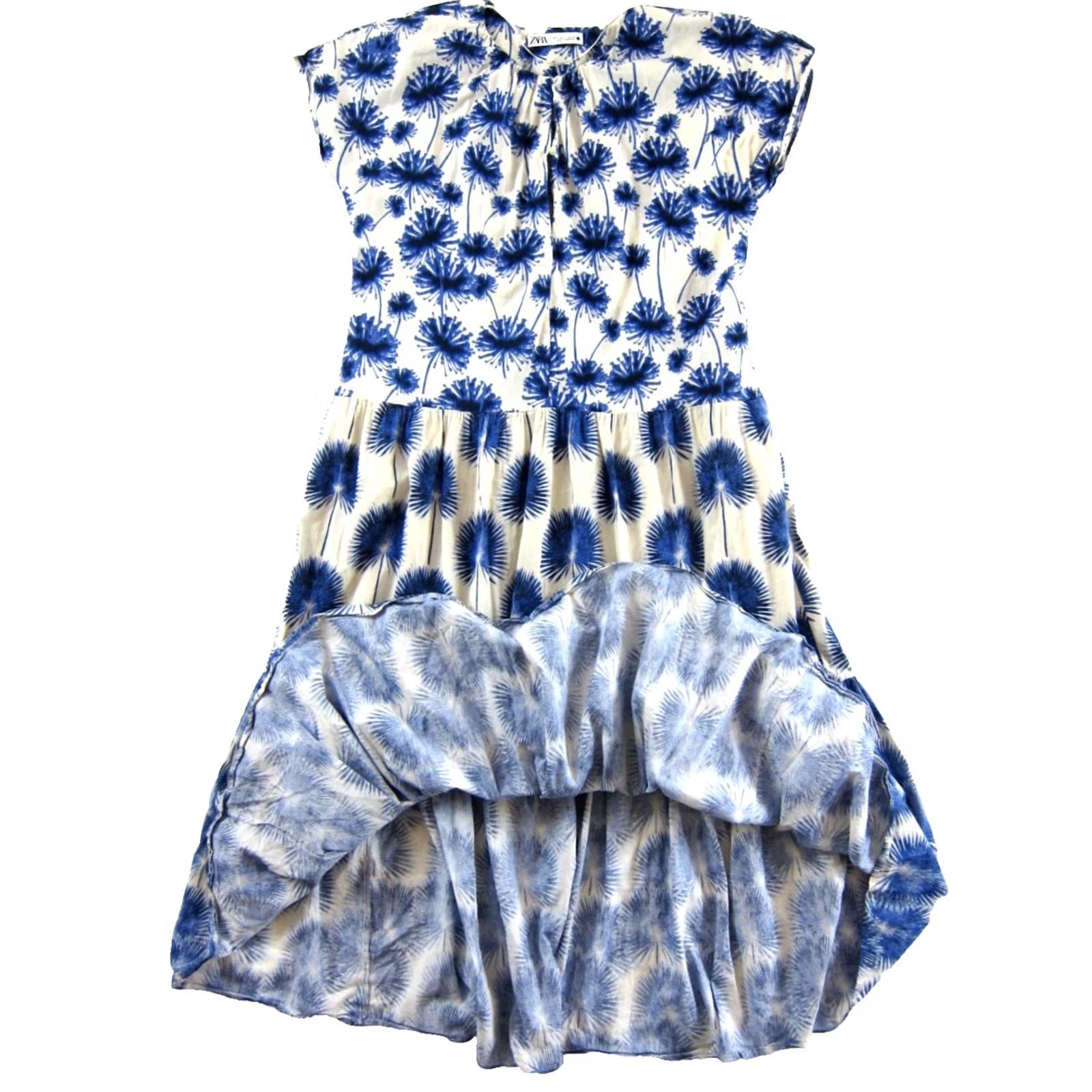 Zara ZARA Blue White Floral Cotton Cap Sleeve Maxi Dress S Pockets Size S / US 4 / IT 40 - 4 Thumbnail