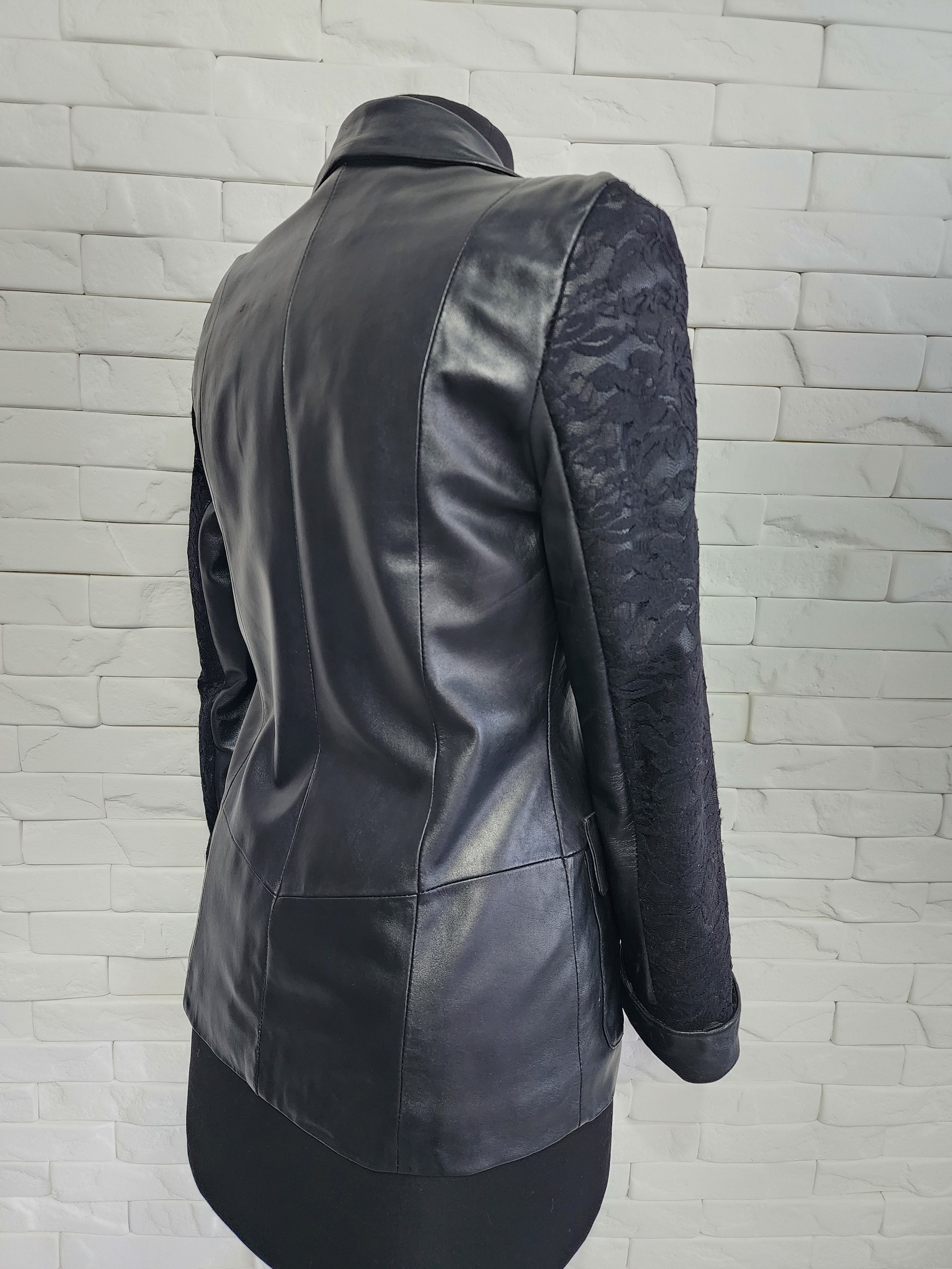 Genuine Leather Black women's jacket decorated with a veil. Size M / US 6-8 / IT 42-44 - 4 Thumbnail