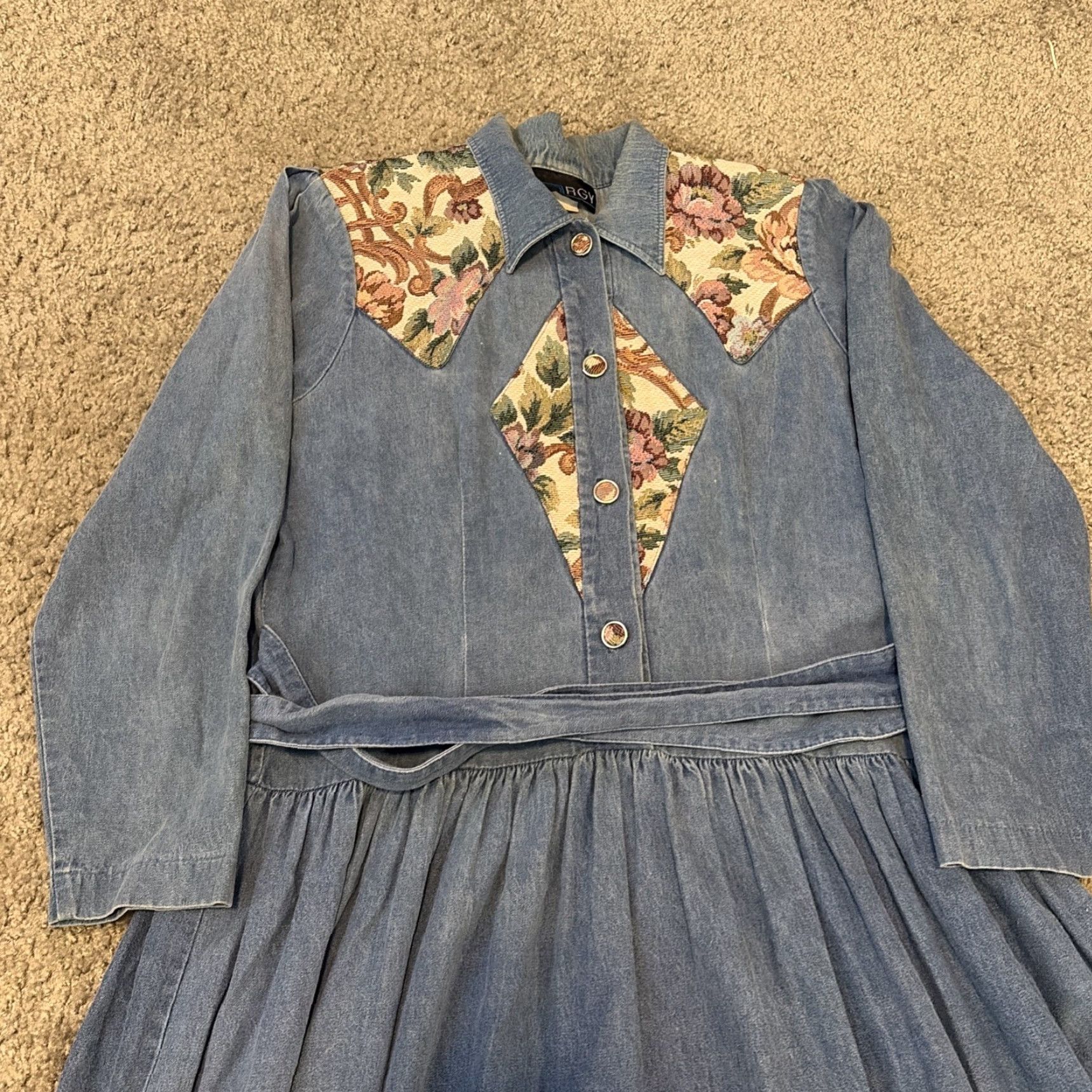 Denime VINTAGE RGY Denim Shirt Dress Long Sleeve Floral Panels Blue 10 Buttons Womens Regular Long Shirt Dress Size L / US 10 / IT 46 - 3 Thumbnail