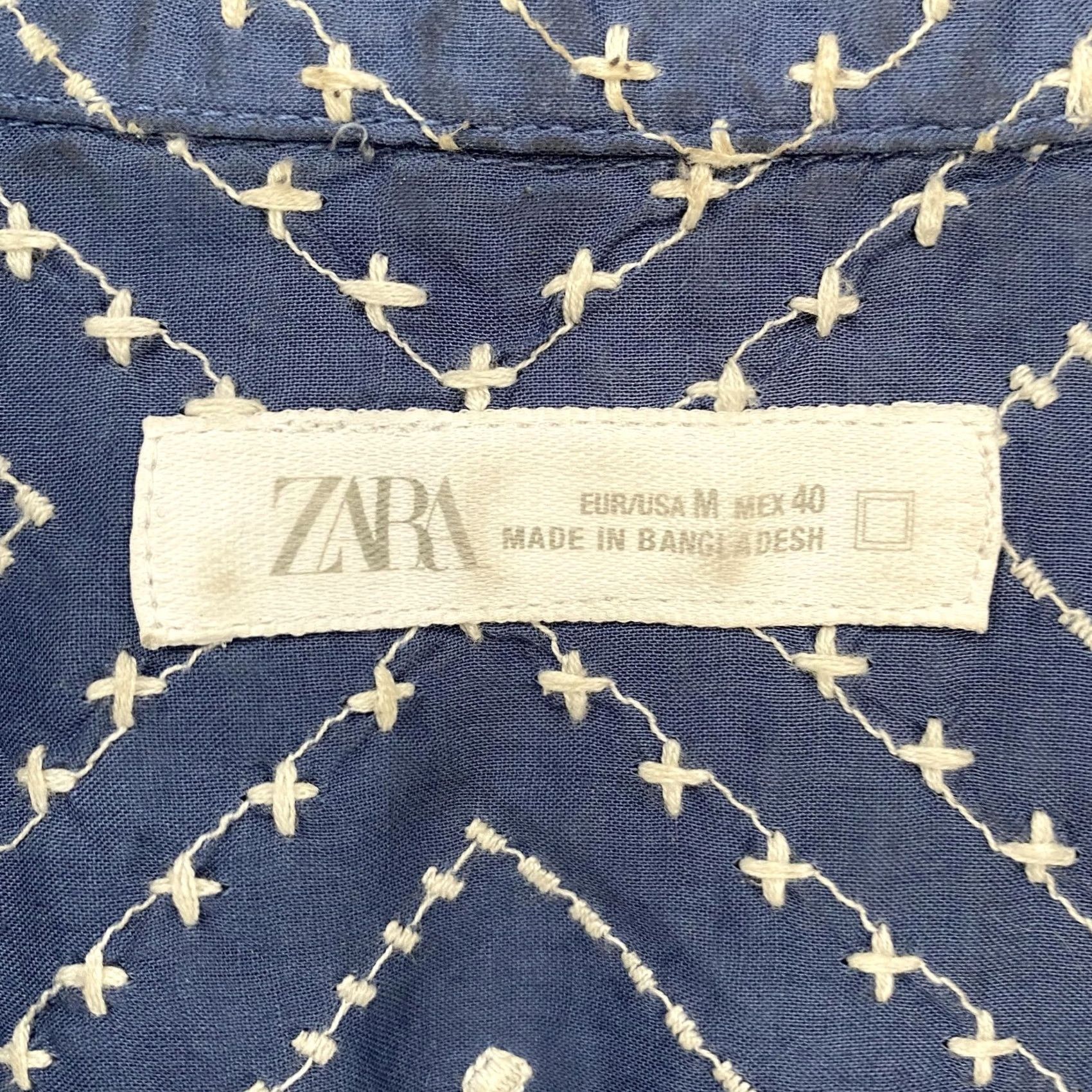 Zara Zara Embroidered Shirt Mens Medium Blue Short Sleeve Button Up Diamond Cotton Embroidered Geometric Beach Vacation Button-Up Mens Jacket? Size US M / EU 48-50 / 2 - 6 Thumbnail