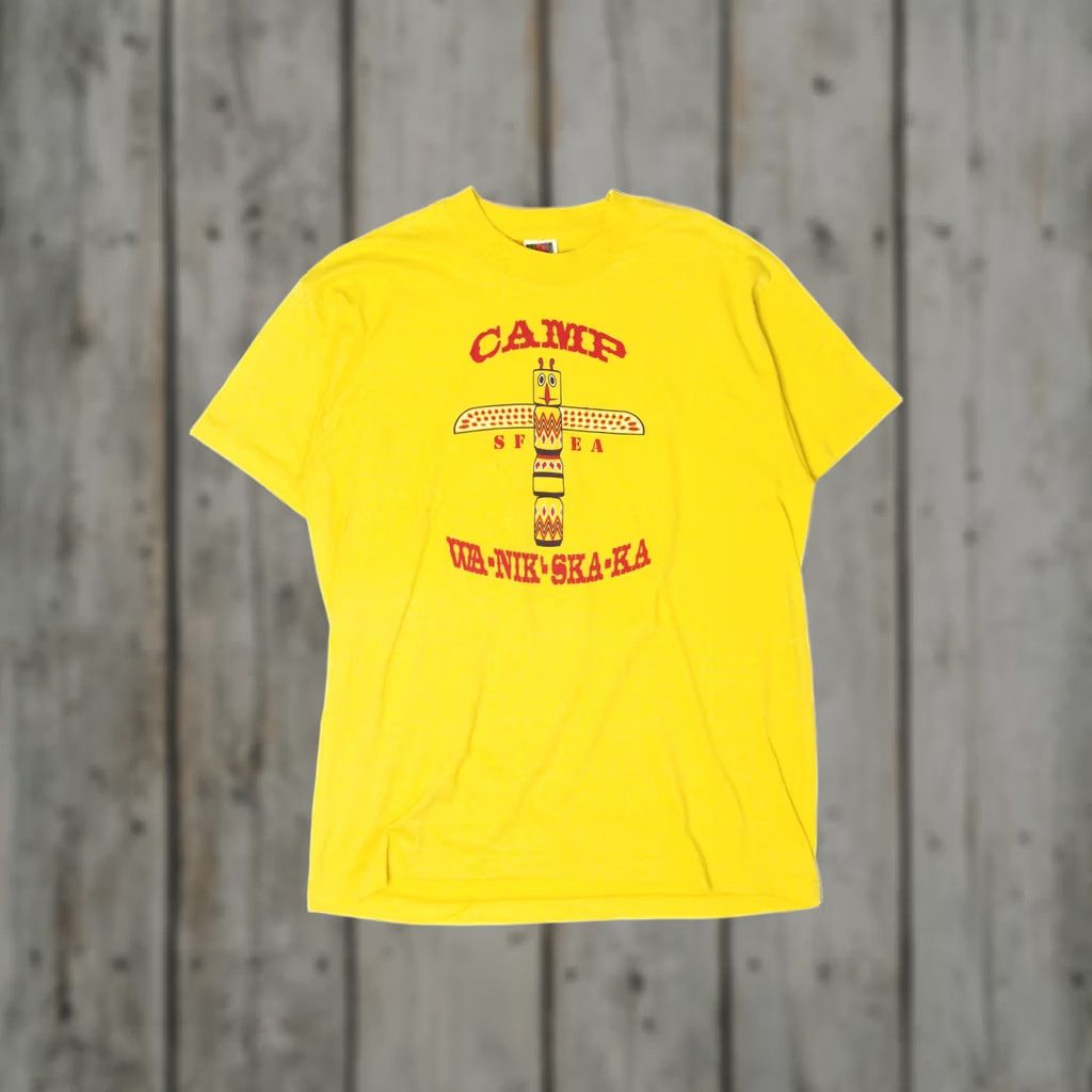 Fruit Of The Loom VINTAGE Camp Wanikskaka T-Shirt 1990s Unisex Adults Yellow Large Cotton / Polyester Fruit of the Loom T-Shirt Short Sleeve Mens Womens Boys Girls Size US L / EU 52-54 / 3 - 1 Thumbnail