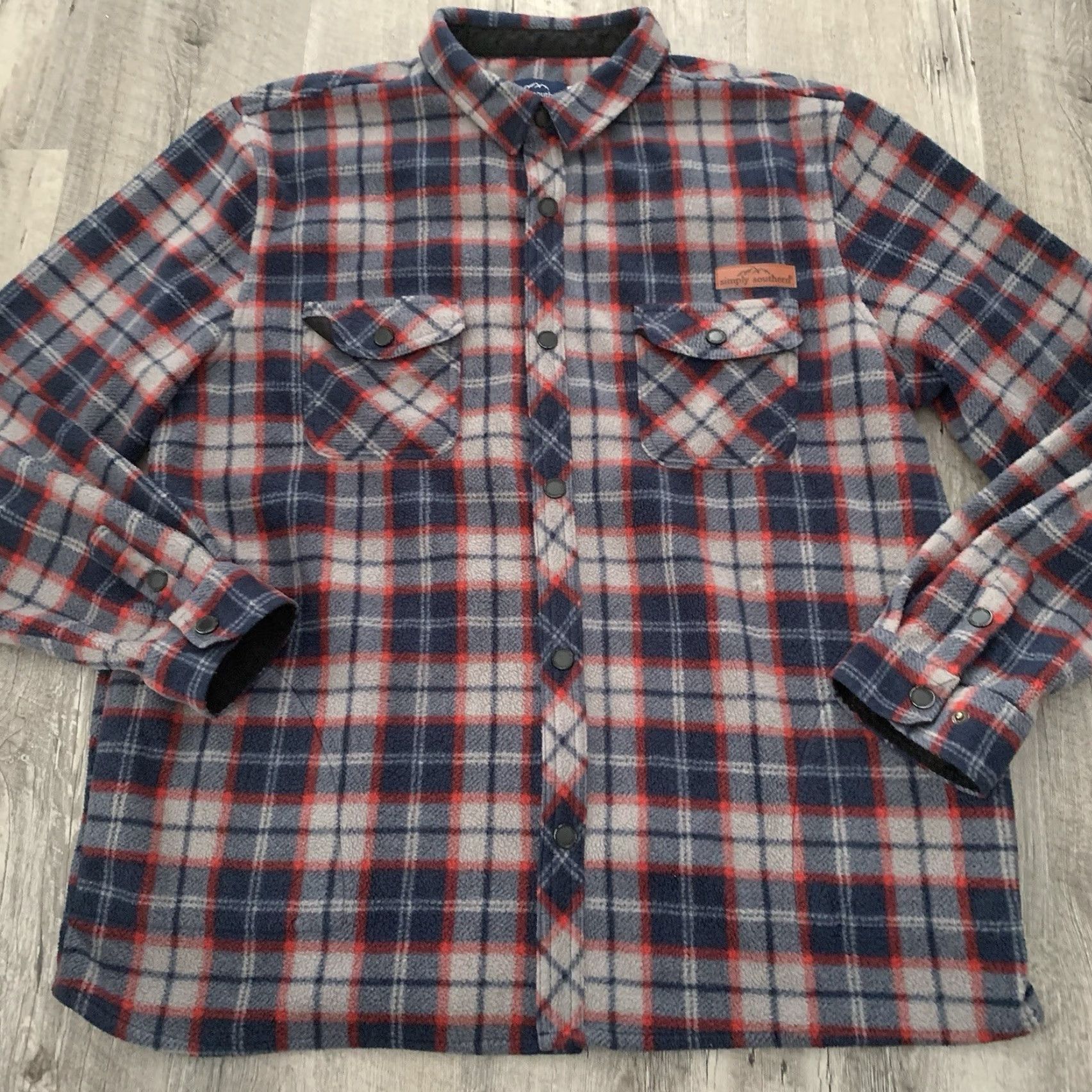 Vintage Simply Southern Fleece Shirt Mens Large Blue Gray Plaid Snap Front Pockets SOFT Size US L / EU 52-54 / 3 - 6 Thumbnail