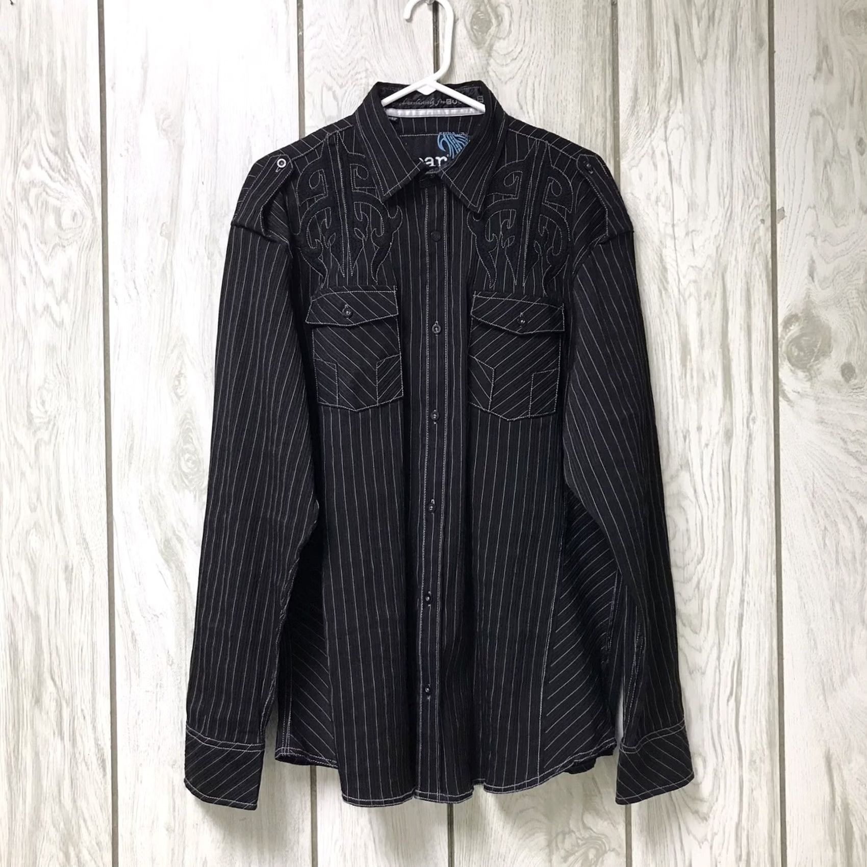 Roar Roar Men Black Stripe Damask Embroidered Stretch Button-Up Long Sleeve Dress Shirt XL Size US XL / EU 56 / 4 - 2 Thumbnail