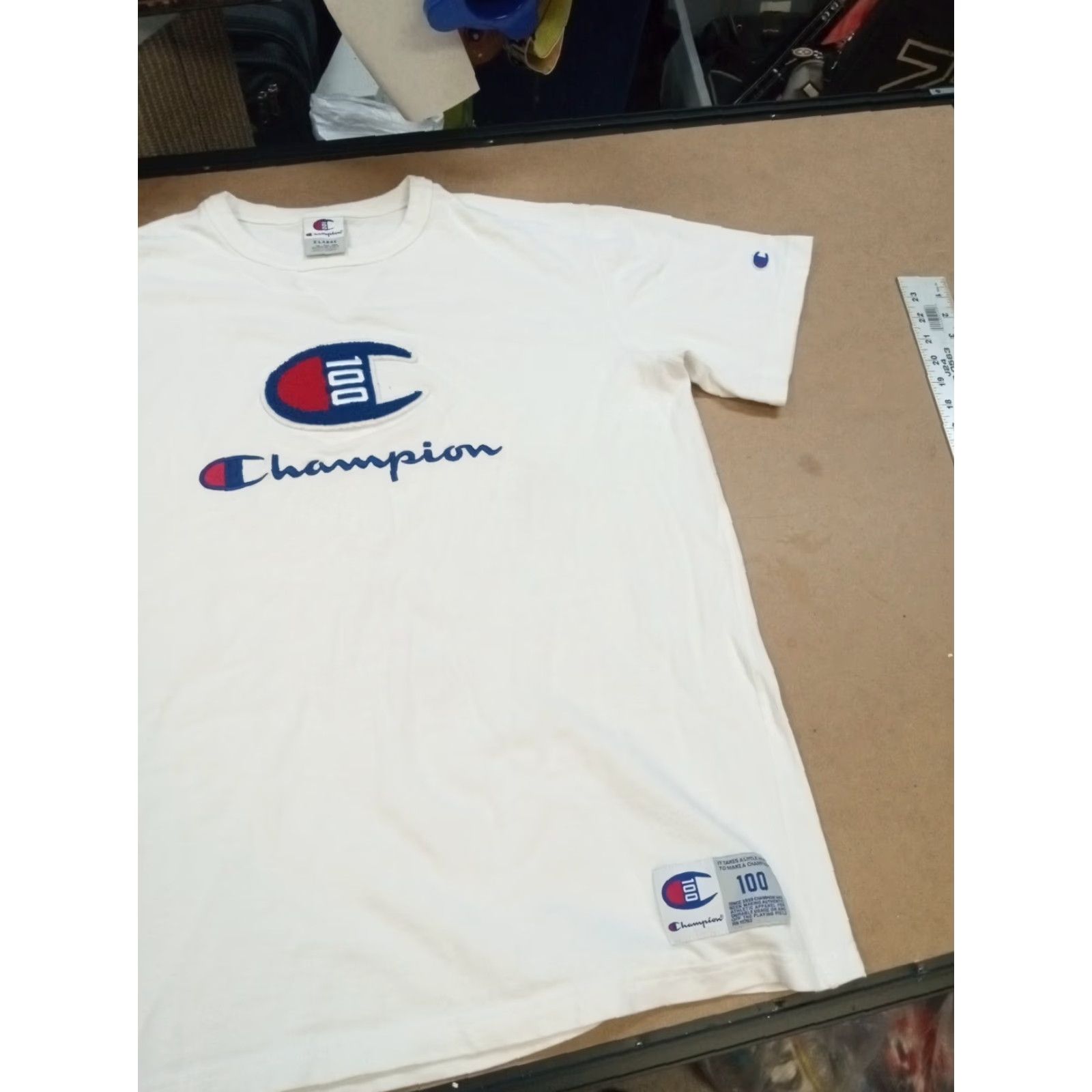 Champion VINTAGE Champion XL Embroidered SS T-Shirt Men White Cotton Crew Neck Short Sleeve 90s Sports Easy Care Breathing All Seasons Size US XL / EU 56 / 4 - 7 Thumbnail