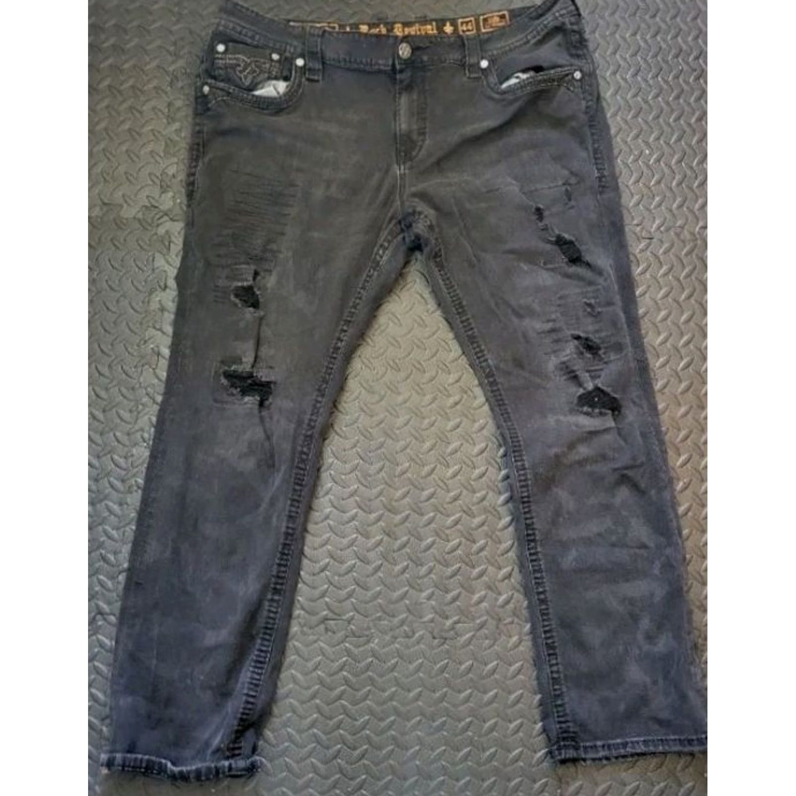 Vintage Rock Revival Mens Jeans Straight 44 Black Leather Studded 32 Inseam Coty Pyramid Metallic 220 Style Metal N/A Size US 44 / EU 60 - 3 Thumbnail