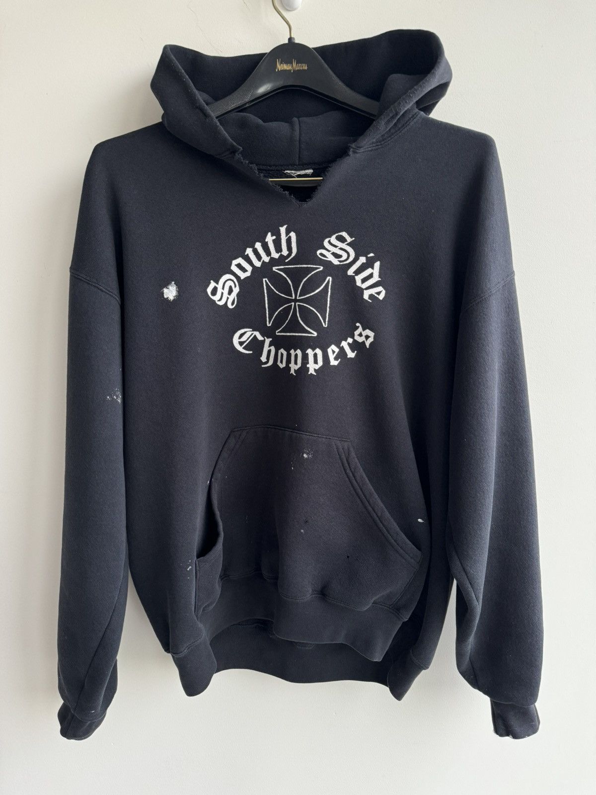 image of Vintage Faded Hoodie South Side Choppers Thrashed Distressed in Black, Men's (Size XL)