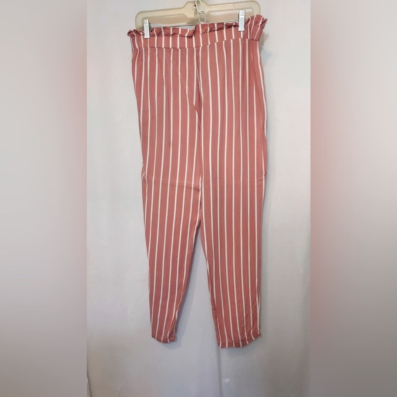 Other Papaya Pink White Stripe Paper Bag Drawstring Wide Pants Size 34" / US 12 / IT 48 - 2 Thumbnail